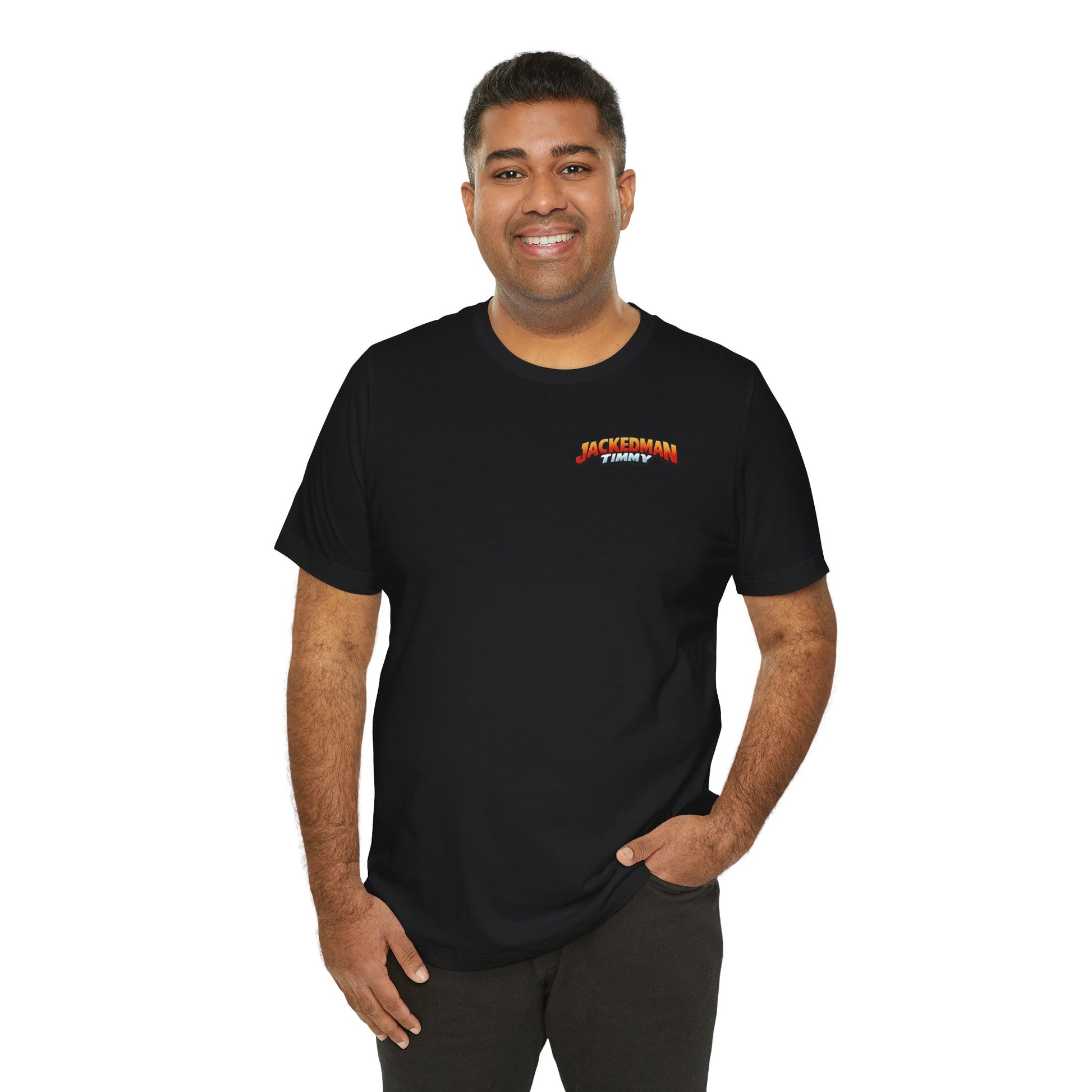 Man wearing a black t-shirt with a 'Jackedman Timmy' logo on a white background