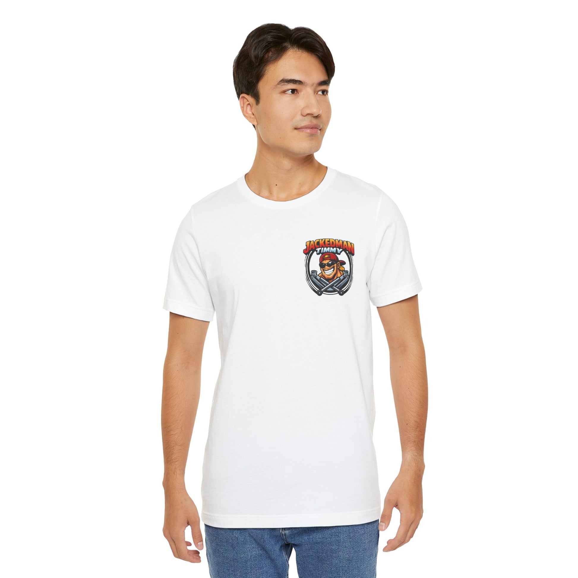 Man wearing a white t-shirt with a graphic design Jackedman Timmy Race Jacks logo on a white background