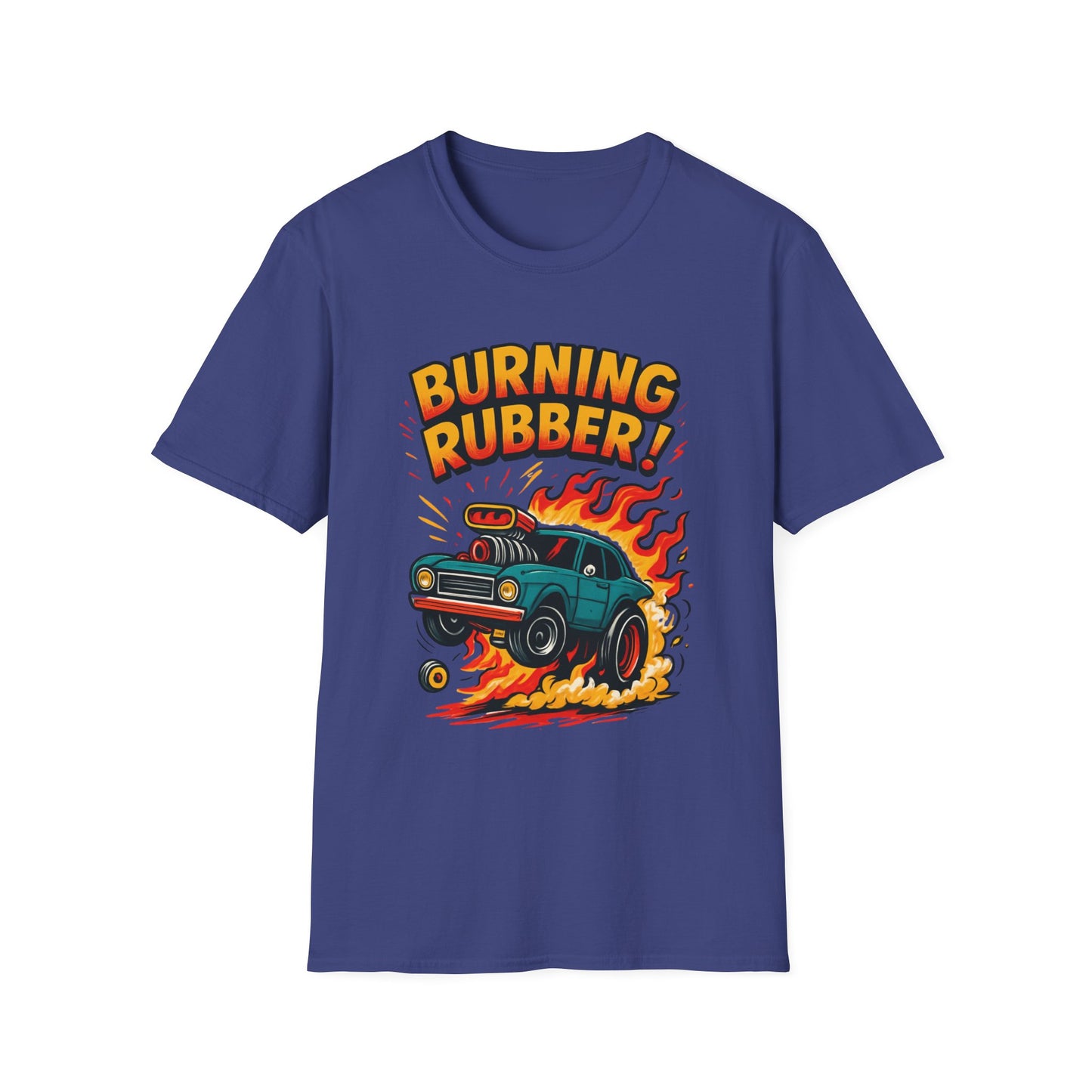 Blue t-shirt with 'Burning Rubber!' graphic design on a white background
