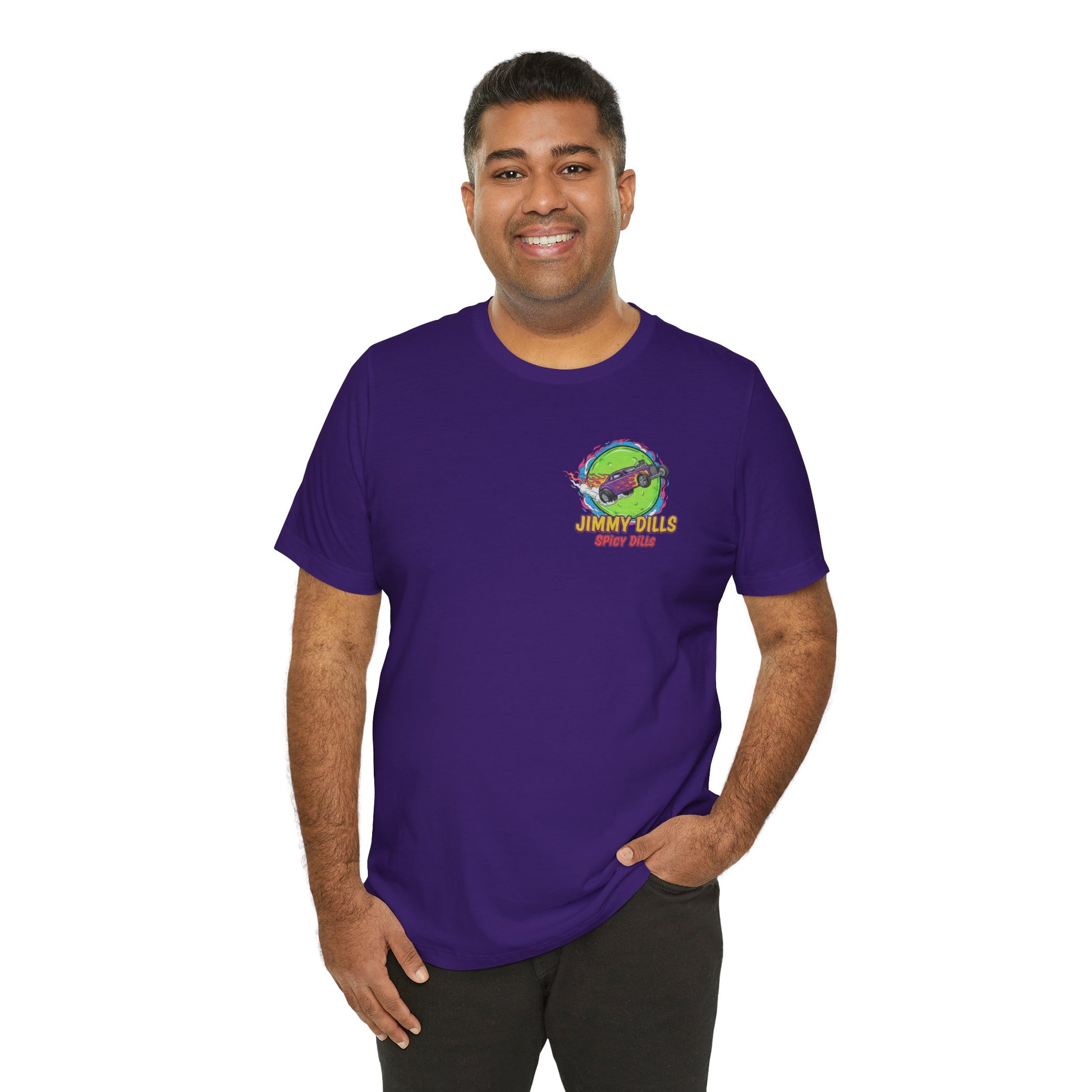 Man wearing a purple t-shirt with a logo 'Jimmy Dills Spicy Dills' on a white background