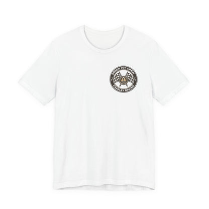 White t-shirt with a 'Sober Pit Crew Knarley Racing' logo on the chest against a white background