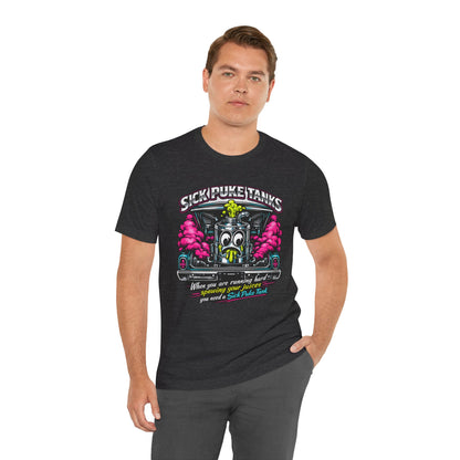 Man wearing a dark gray heather t-shirt with a graphic design and 'Sick Puke Tanks When you are running hard spewing your juices you need a Sick Puke Tank' text