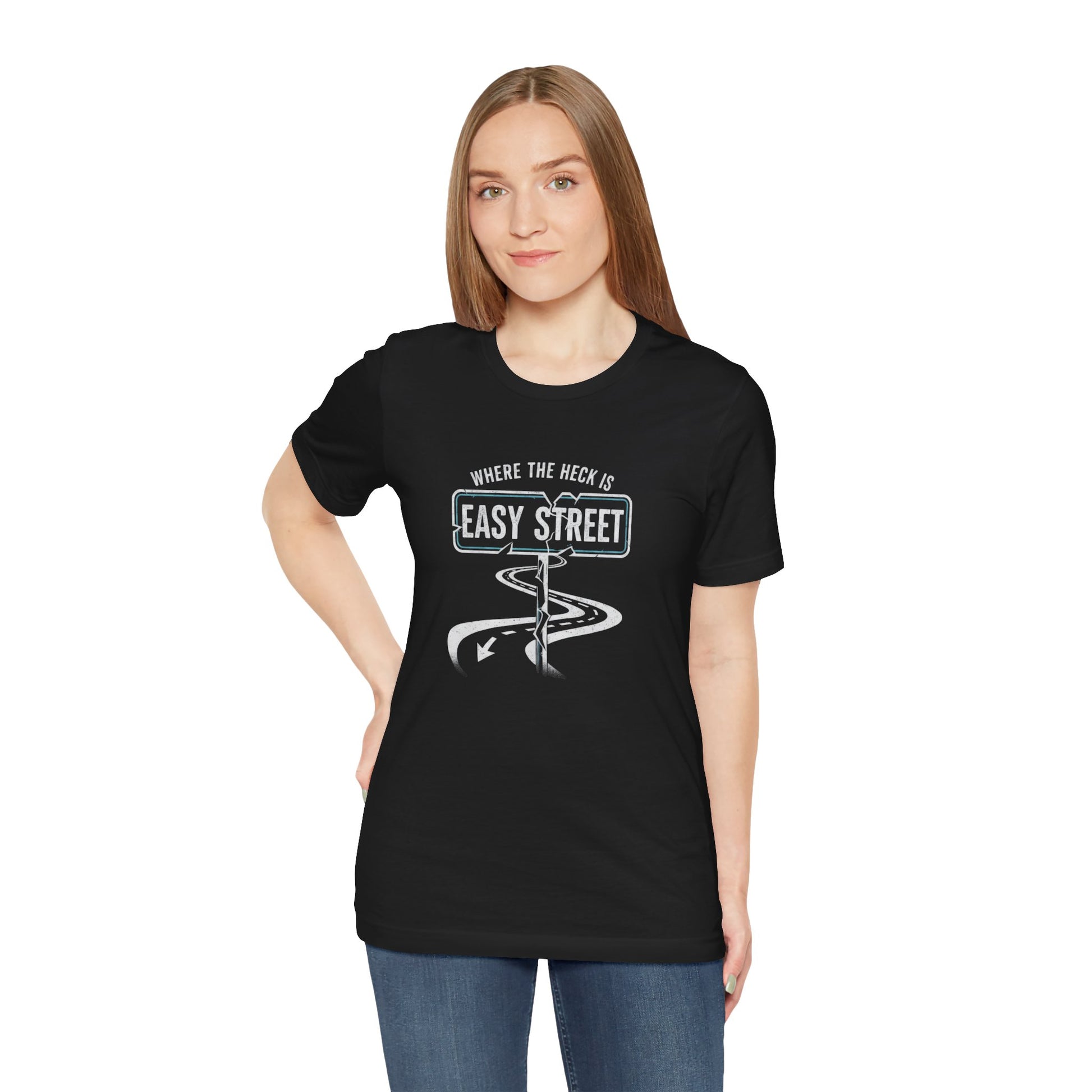 Person wearing a black t-shirt with a graphic design and text 'Where the heck is Easy Street' on a white background