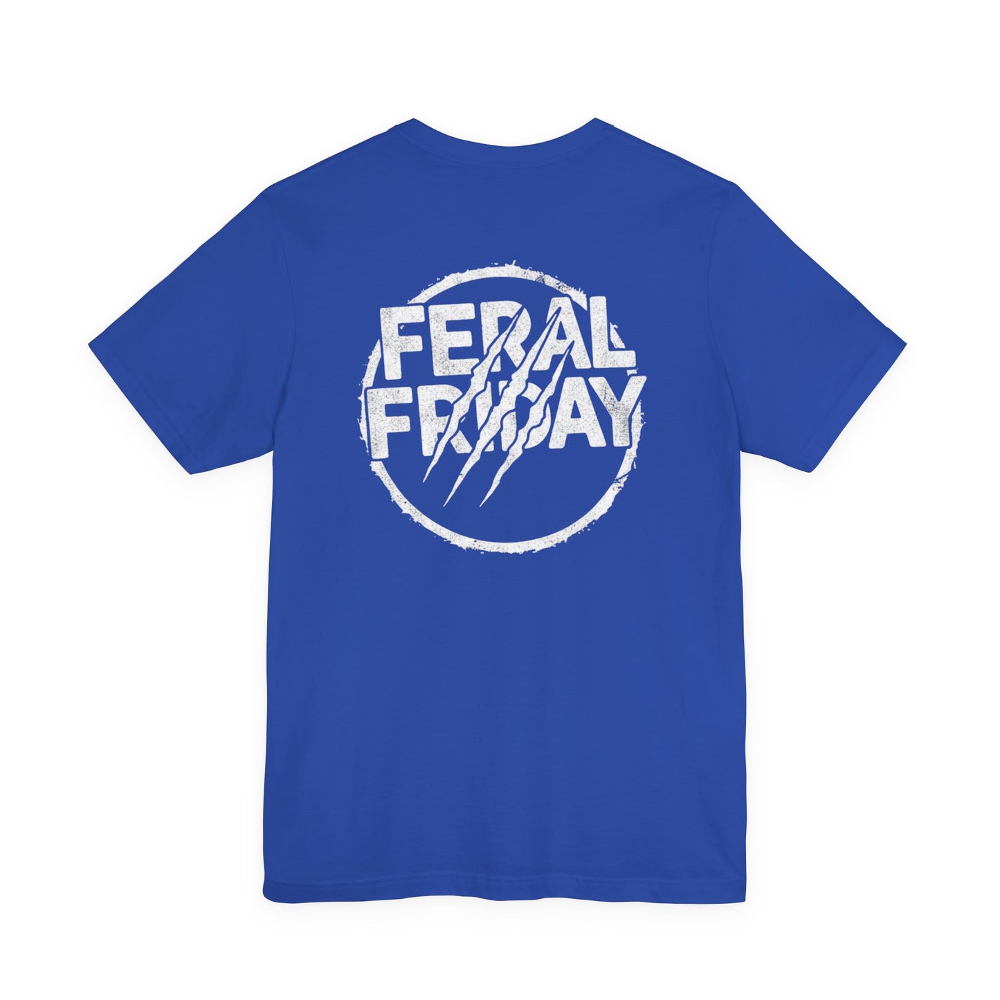 Blue t-shirt with 'Feral Friday' logo on the back against a white background