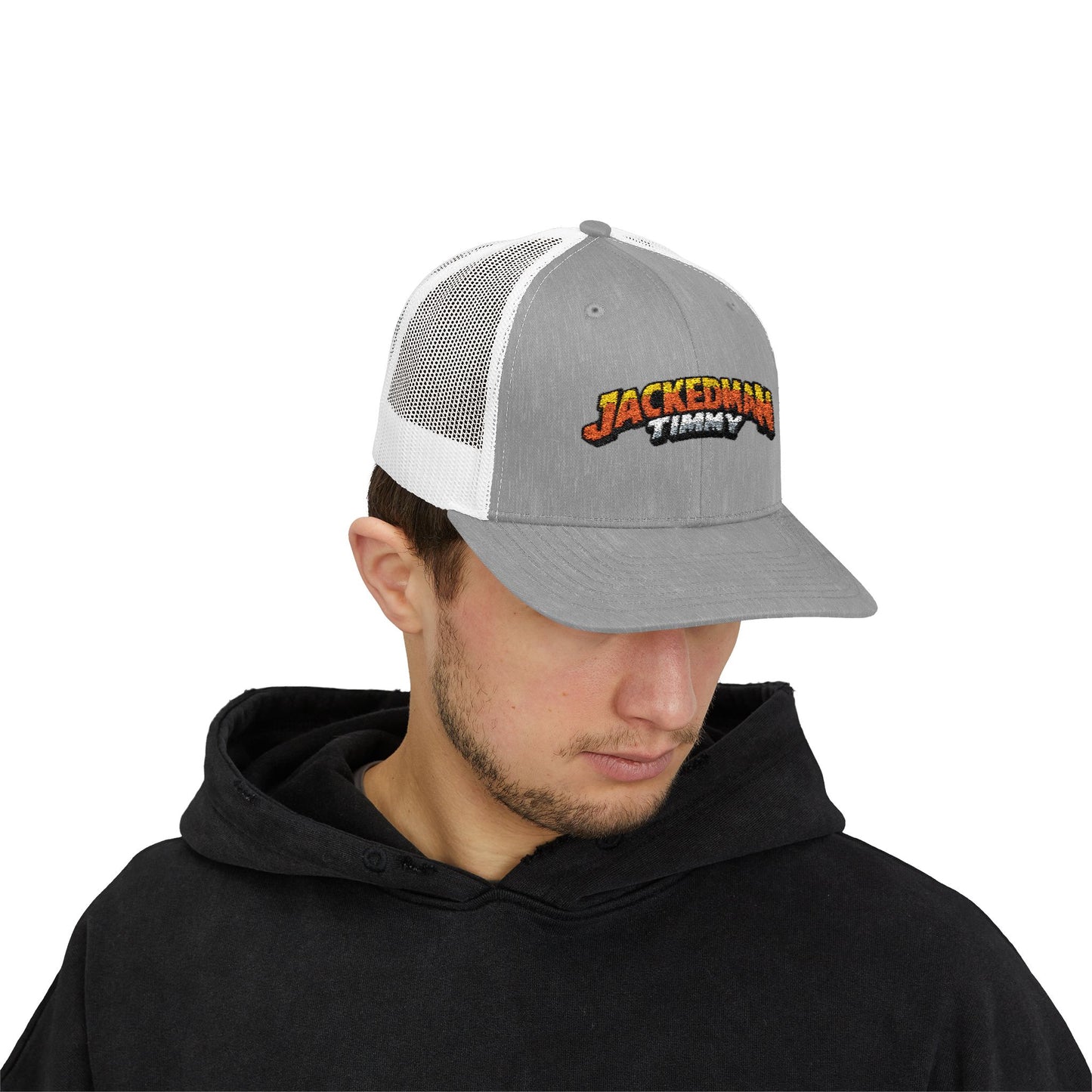 Person wearing a gray and white cap with 'Jackedman Timmy' logo on a white background