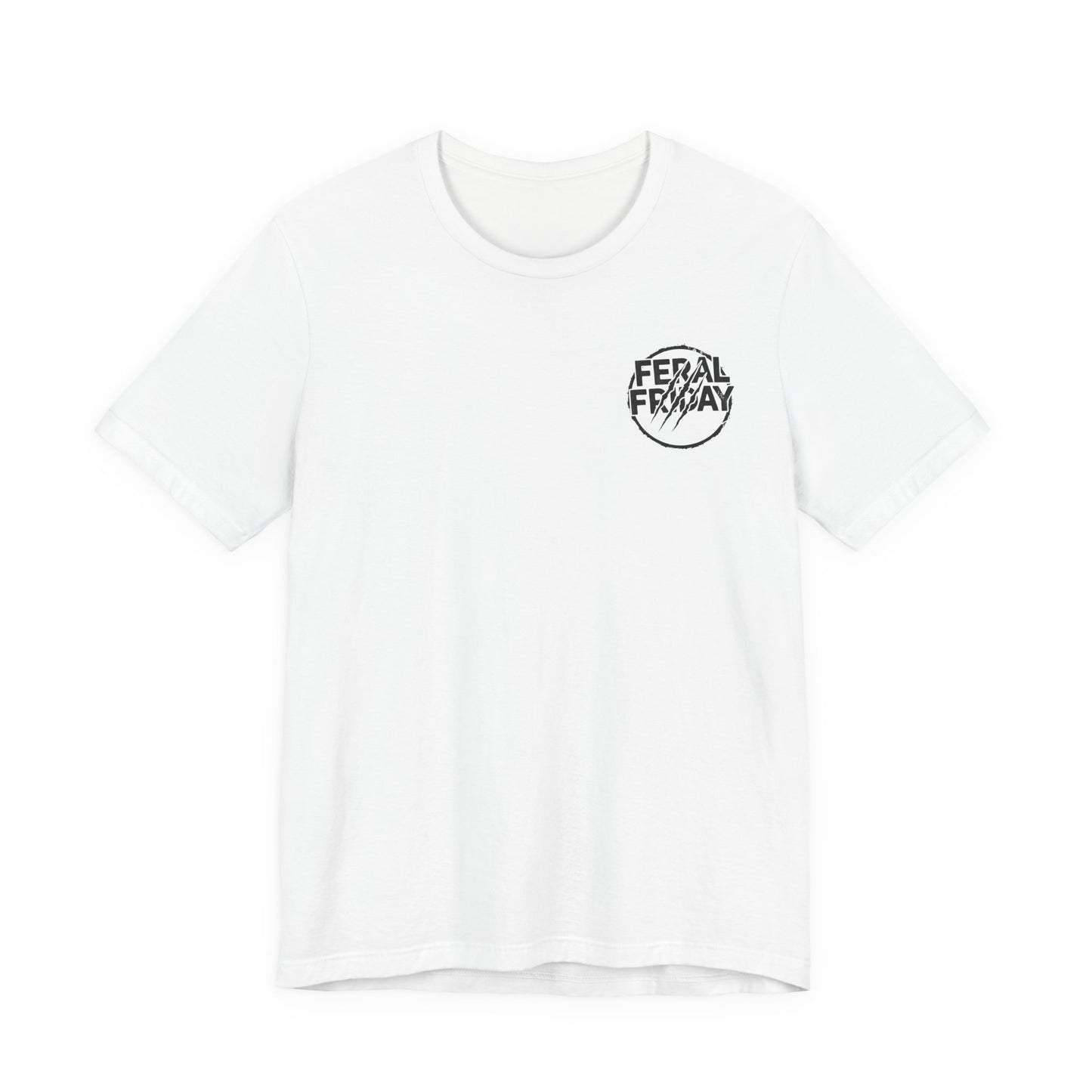 White t-shirt with a black 'Feral Friday' logo on a white background