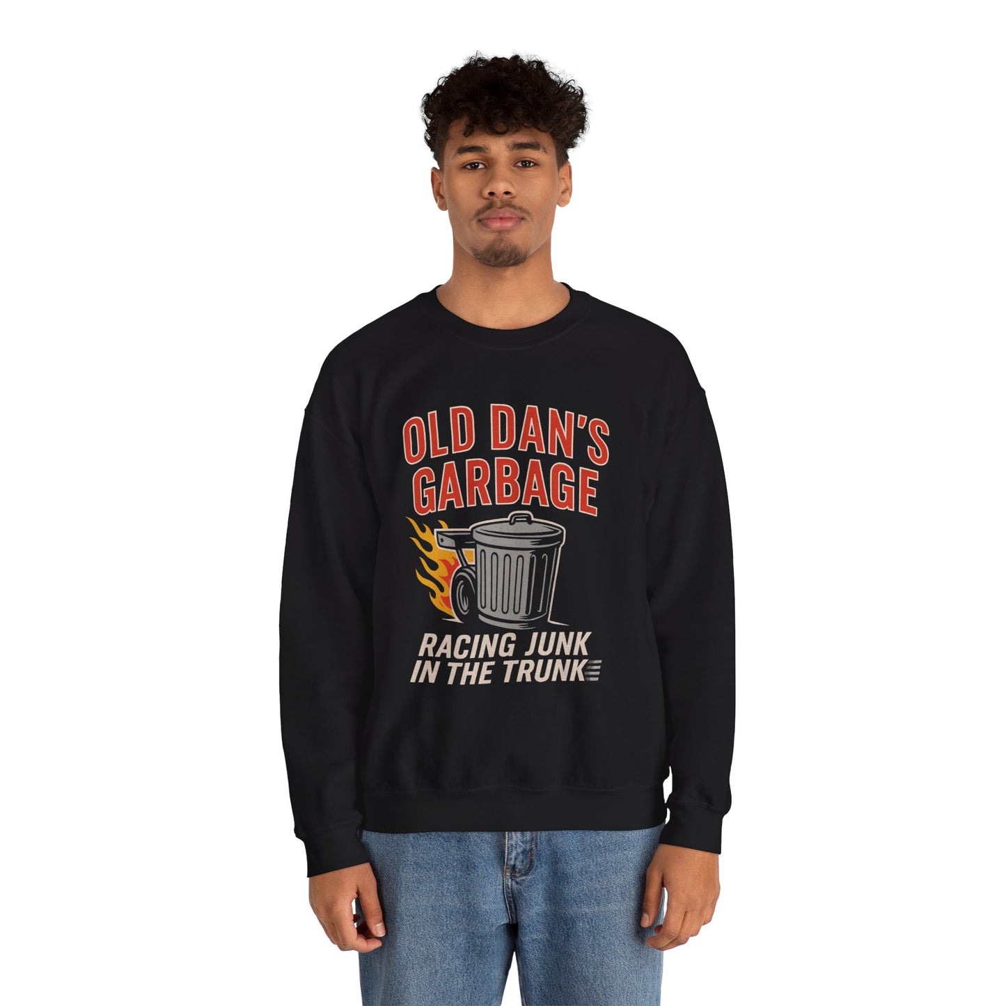 Young man wearing a black Gildan 18000 sweatshirt with Old Dan's Garbage Racing Junk in the Trunk graphic.