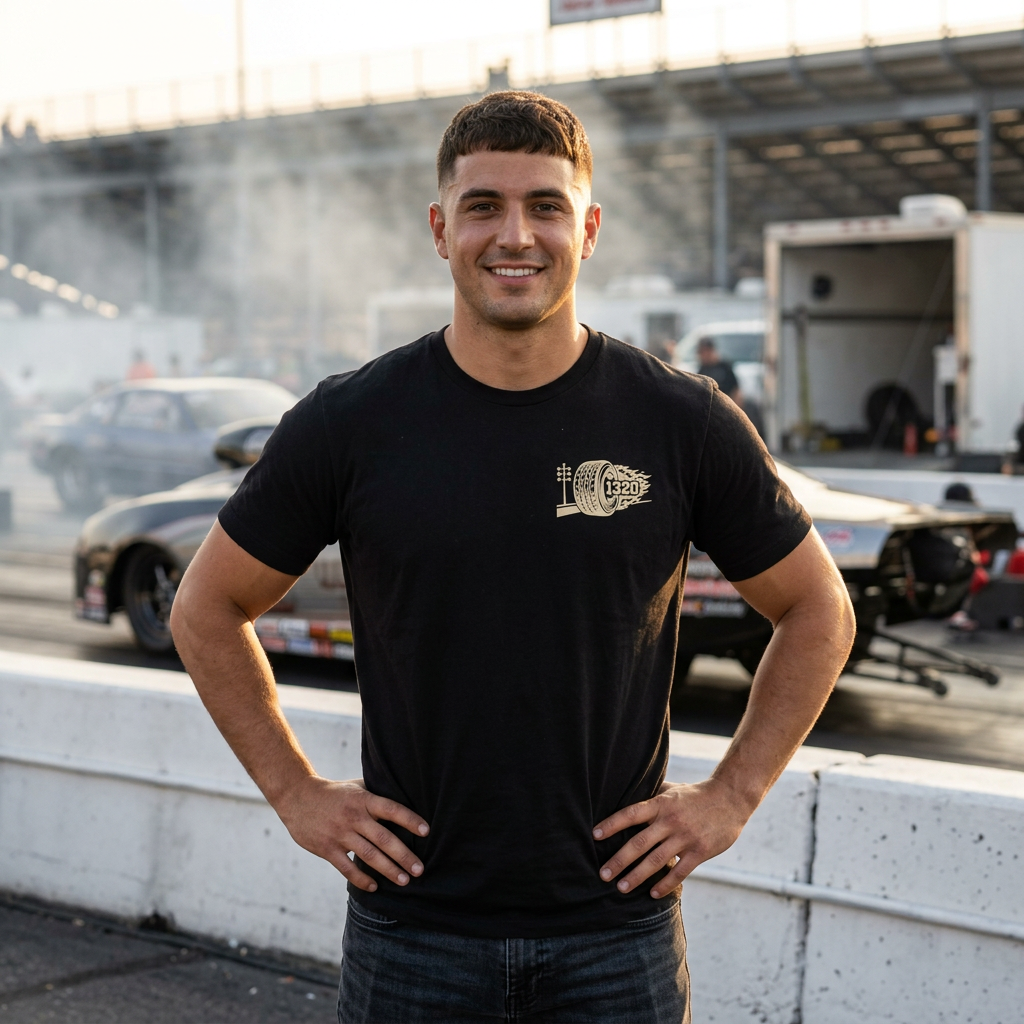 Man standing on a racetrack with cars and smoke in the background