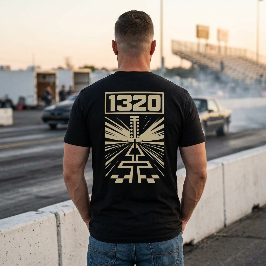 Man wearing a black t-shirt with '1320' design at a race track.