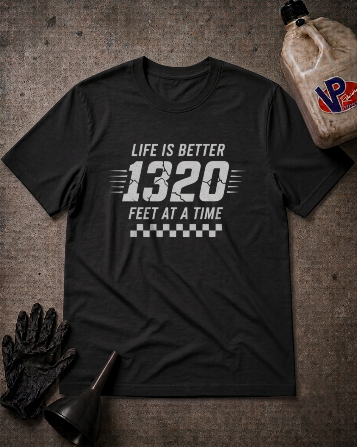 A black graphic t-shirt laid flat on a textured gray surface, featuring the white text 'LIFE IS BETTER 1320 FEET AT A TIME' with a checkered stripe design. The shirt is styled with a black glove, a funnel, and a plastic jug in a garage-themed flat lay.