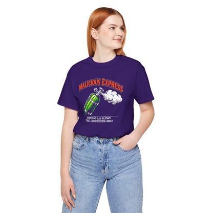 Person wearing a purple t-shirt with a graphic design and 'Malicious Express Passing Gas Blows The Competition Away' text on a white background