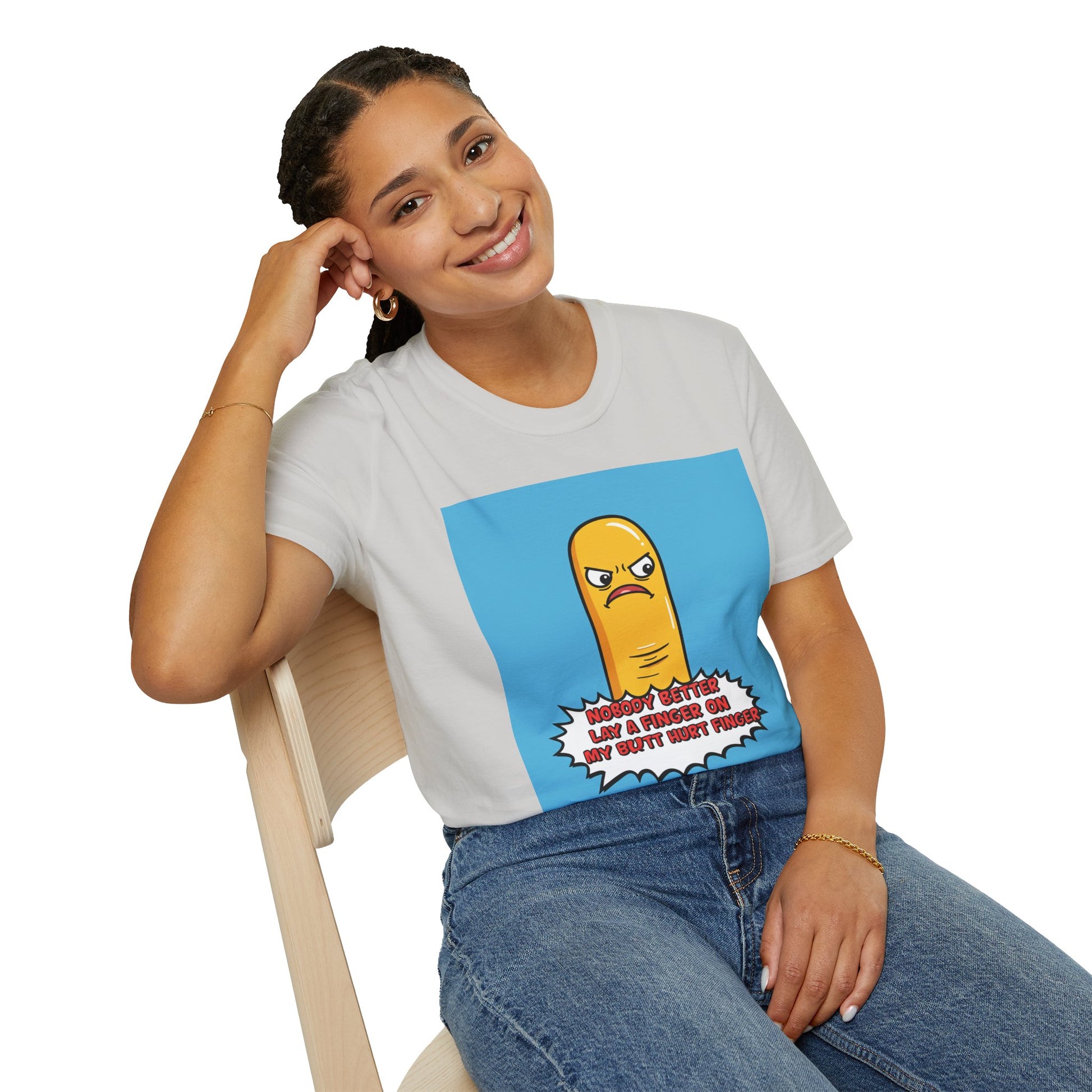 Person wearing a t-shirt with a cartoon character design and text 'Nobody better lay a finger on my butt hurt finger' on a white background
