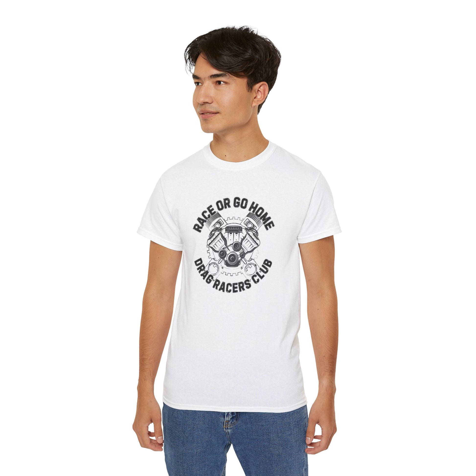 Person wearing a white t-shirt with a graphic design and text 'RACE OR GO HOME DRAG RACERS CLUB' on a white background