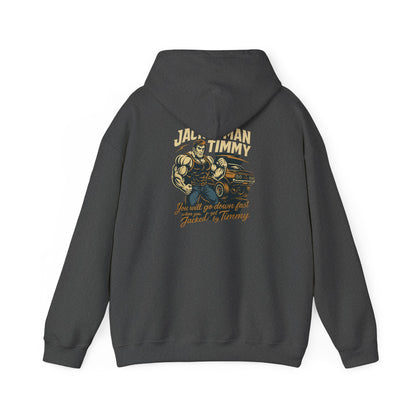 Gray hoodie with a 'JACKEDMAN TIMMY' graphic design on the back against a white background