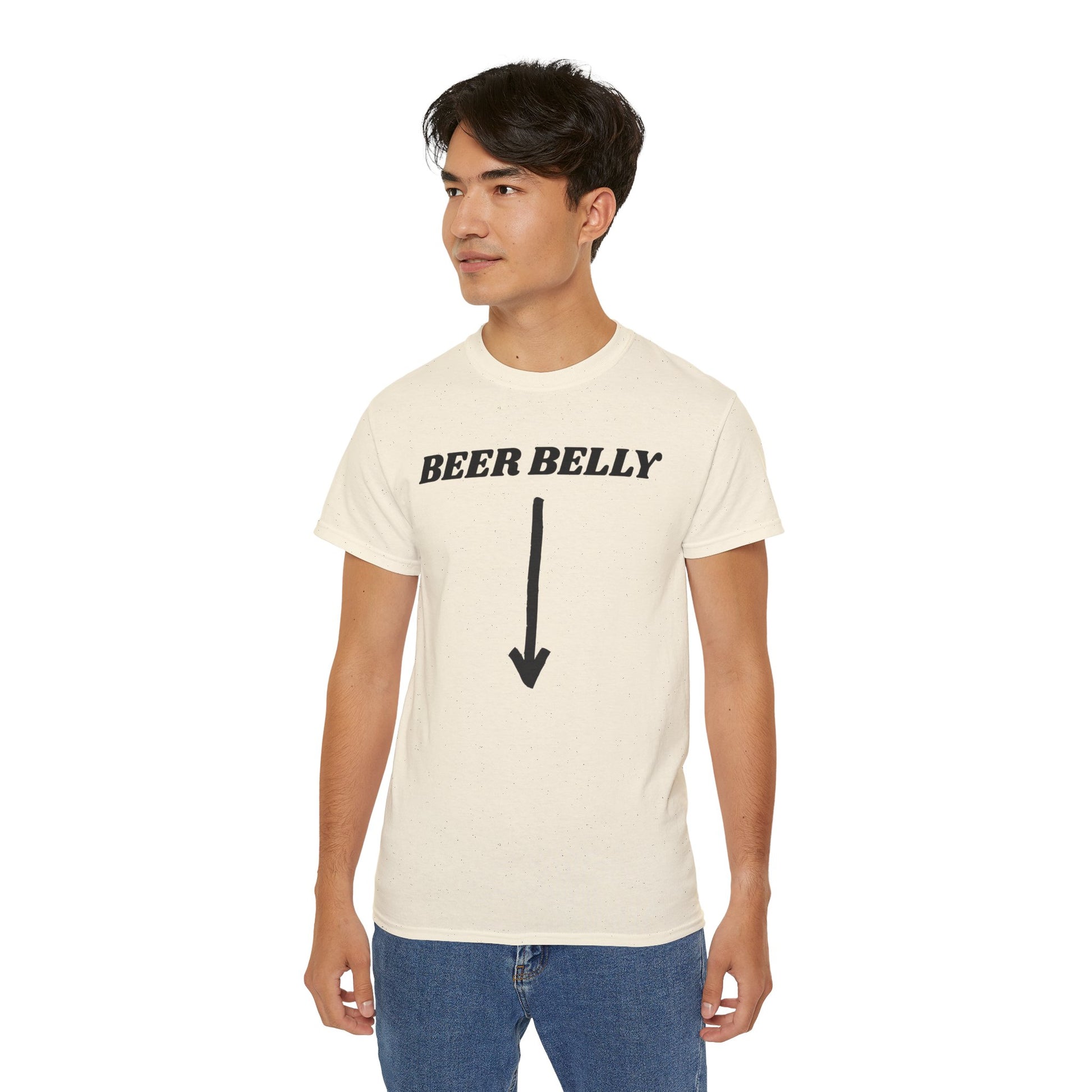 Person wearing a white t-shirt with 'BEER BELLY' text and arrow graphic on a white background