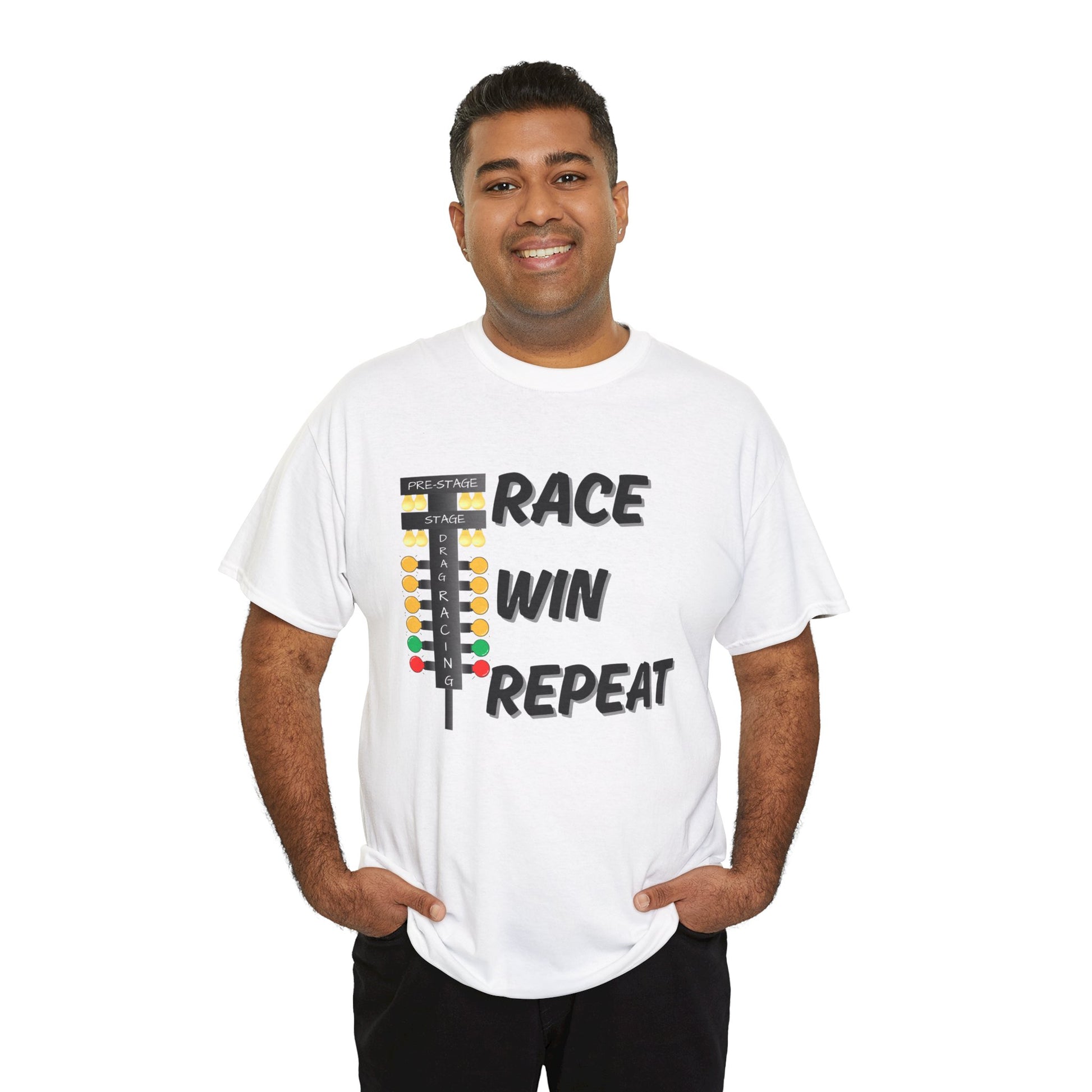 Man wearing a white t-shirt with 'Race Win Repeat' text design on a white background