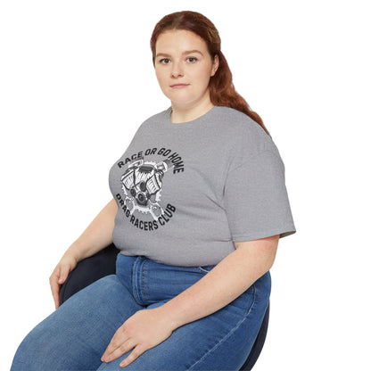 Person wearing a gray t-shirt with a graphic design and text 'RACE OR GO HOME DRAG RACERS CLUB' on a white background