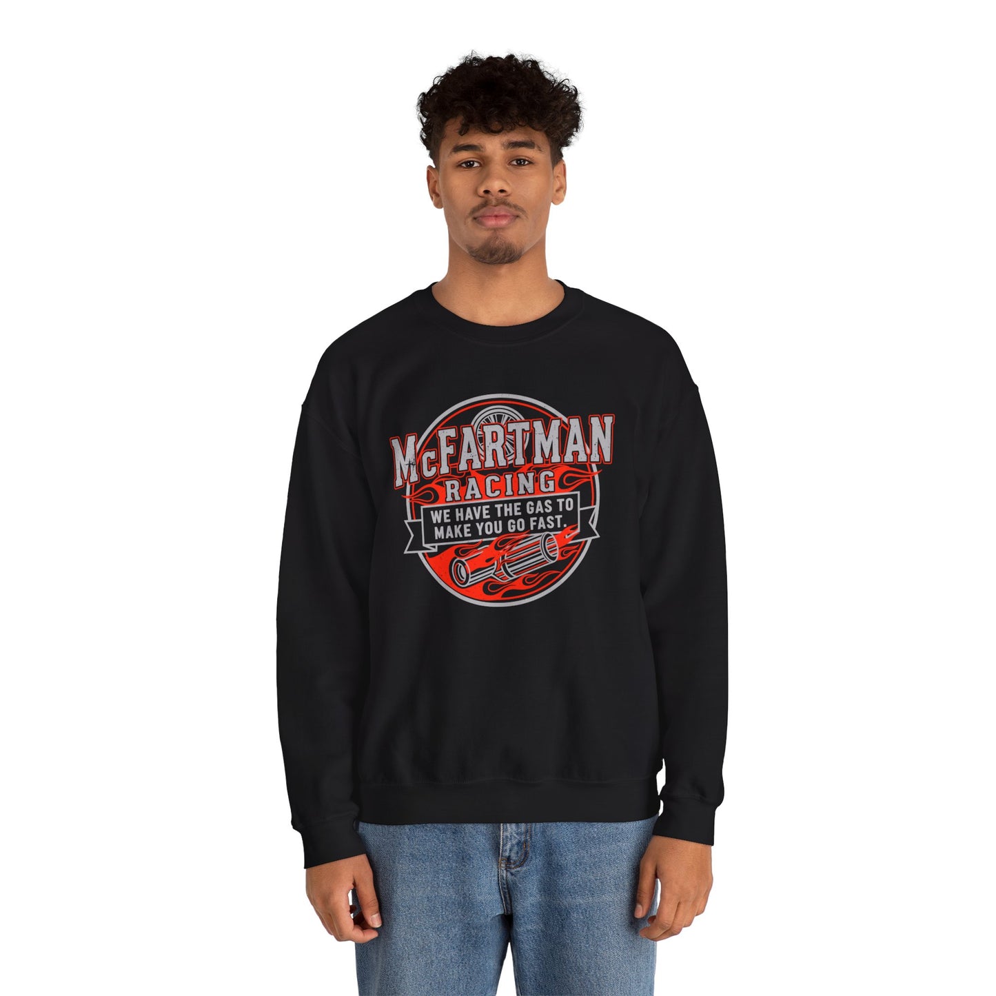 Person wearing a black sweatshirt with 'McFarman Racing' graphic design on a white background
