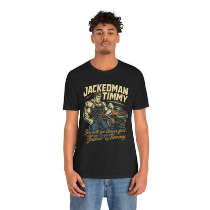 Man wearing a black t-shirt with 'Jackedman Timmy' graphic design on a white background
