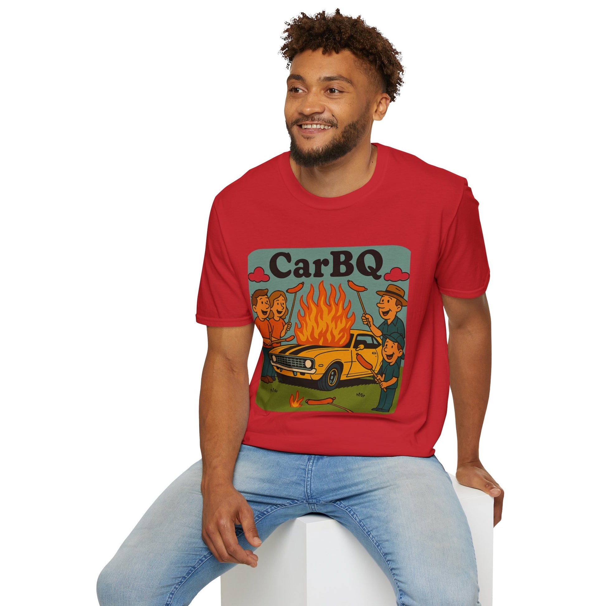 Man wearing a red t-shirt with a graphic design of a car and people around a fire, labeled 'CarBQ'.