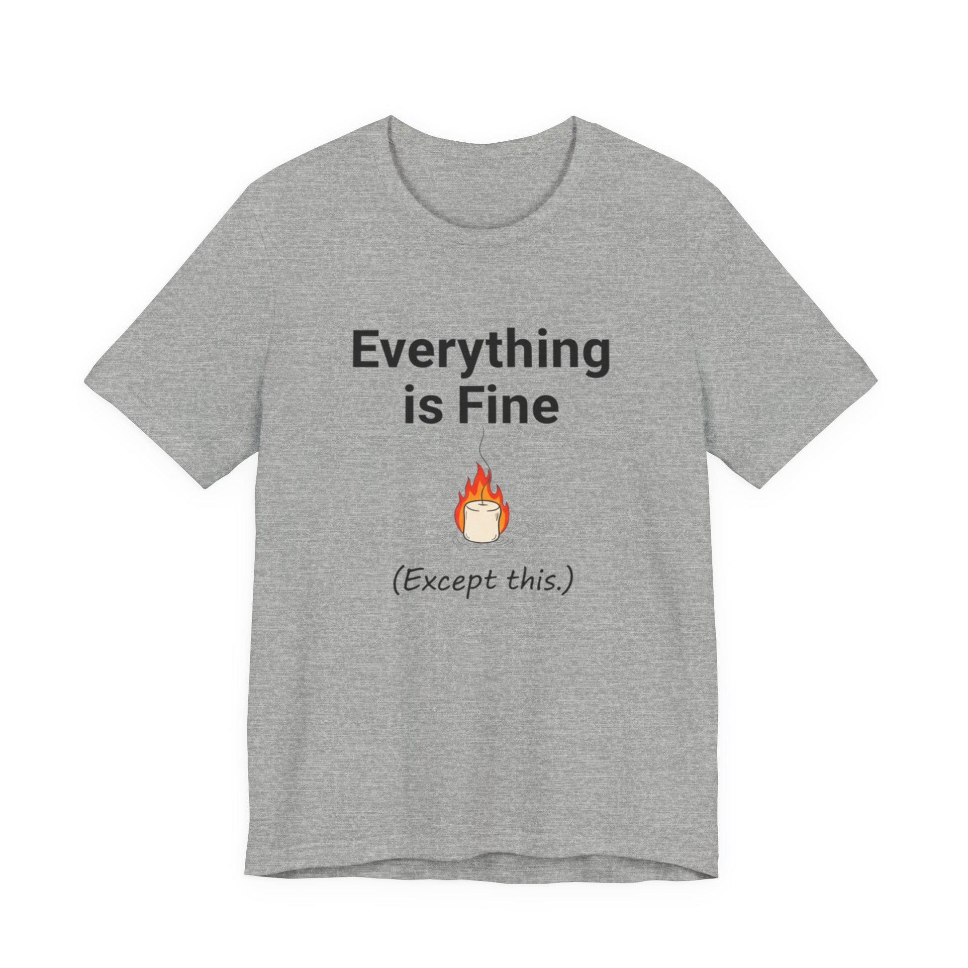 Gray t-shirt with humorous text 'Everything is Fine (Except this)'design on a white background
