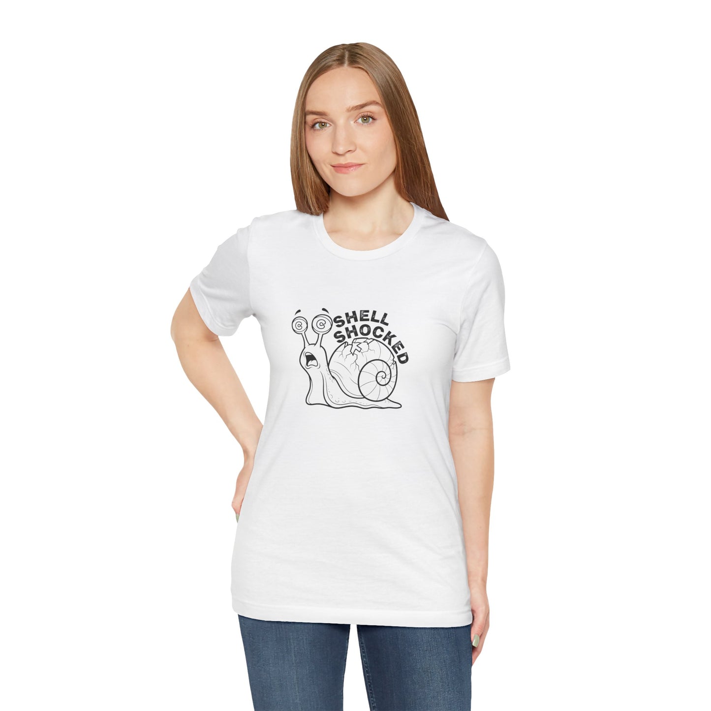 Woman wearing a white t-shirt with a snail graphic and text 'Shell Shocked' on a white background