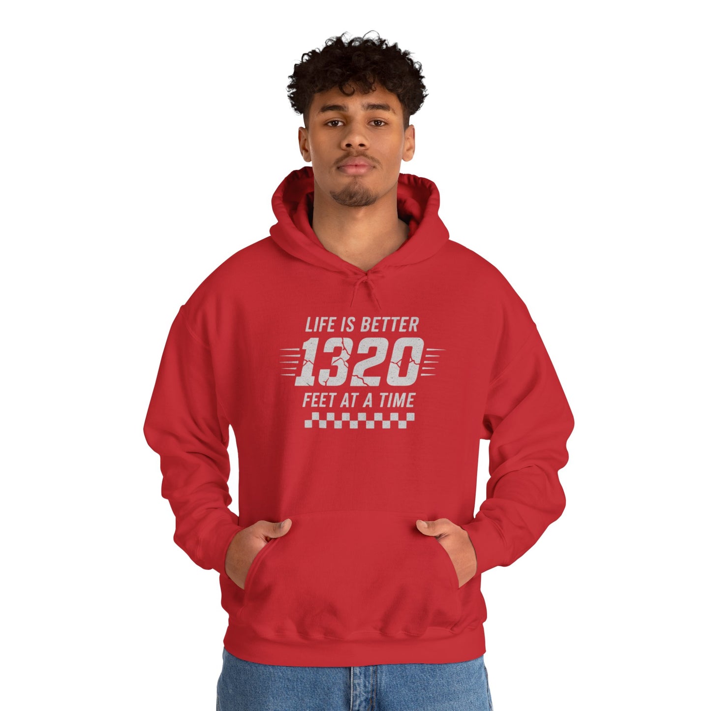 Person wearing a red hoodie with text 'Life is better 1320 feet at a time' on a white background