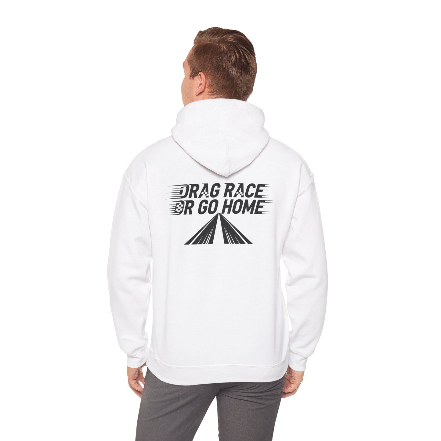 Person wearing a white hoodie with 'Drag Race or Go Home' text on the back, standing against a white background.