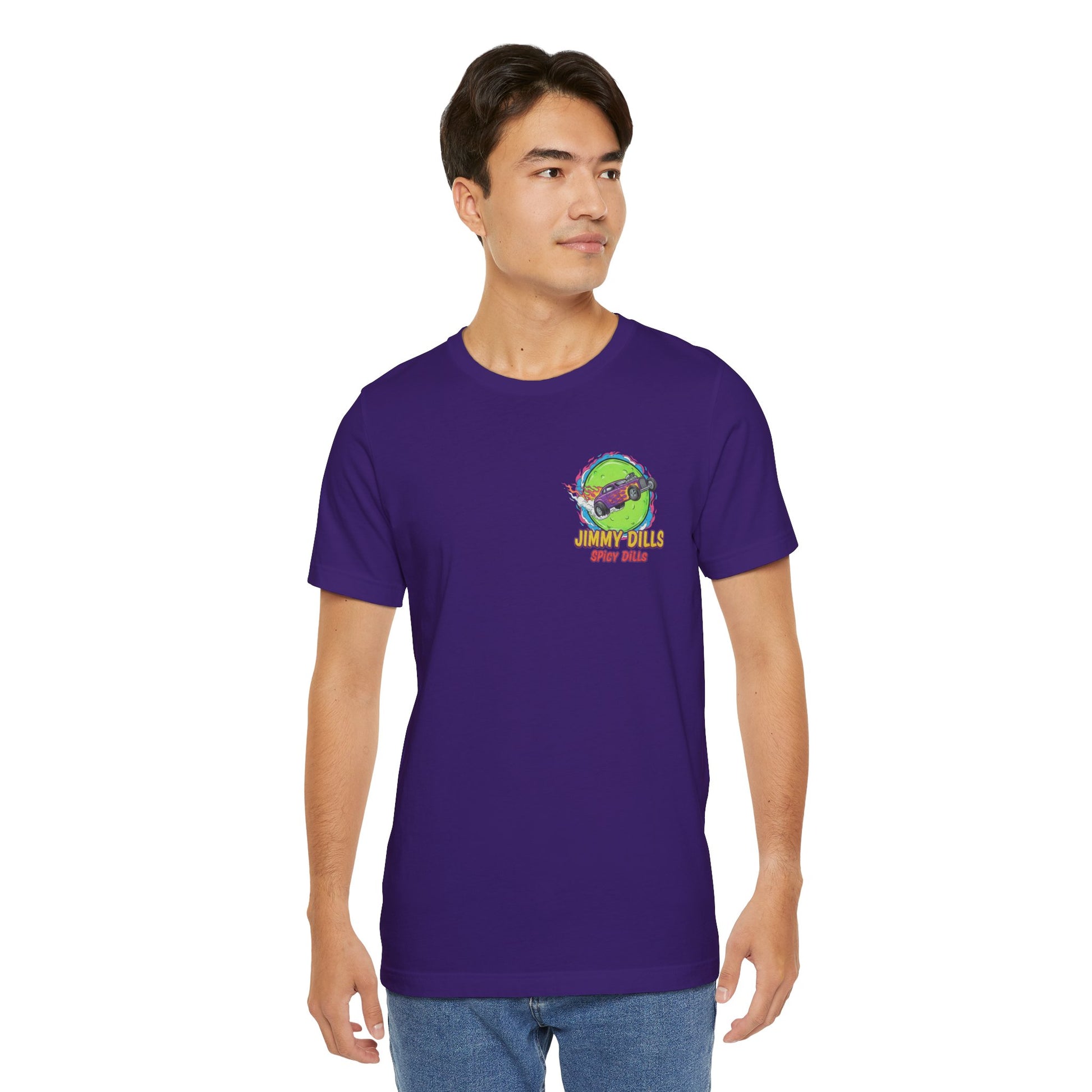 Man wearing a purple t-shirt with a 'Jimmy Dills Spicy Dills' logo on a white background