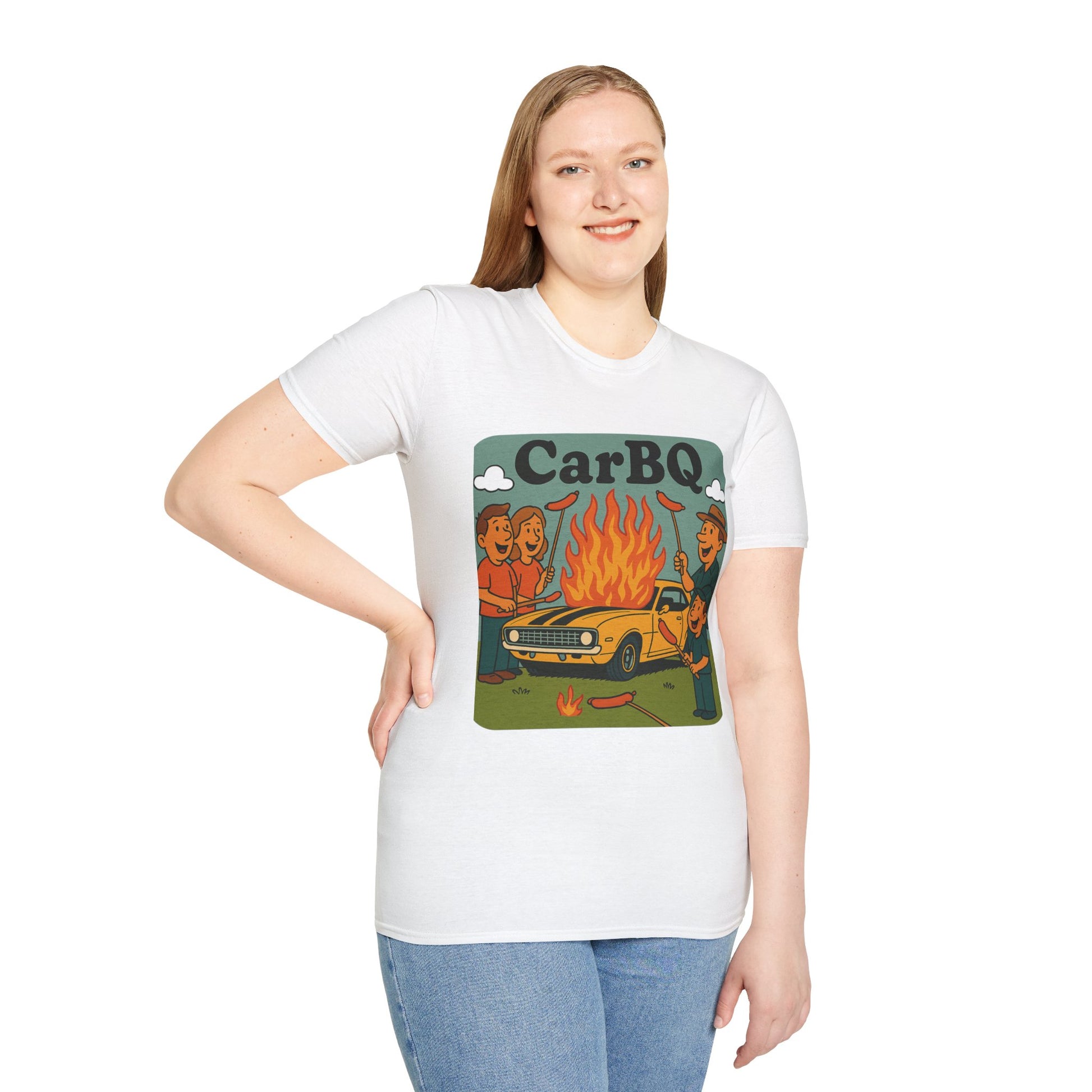 Person wearing a white t-shirt with a graphic design of a car and people around a fire, labeled 'CarBO'.