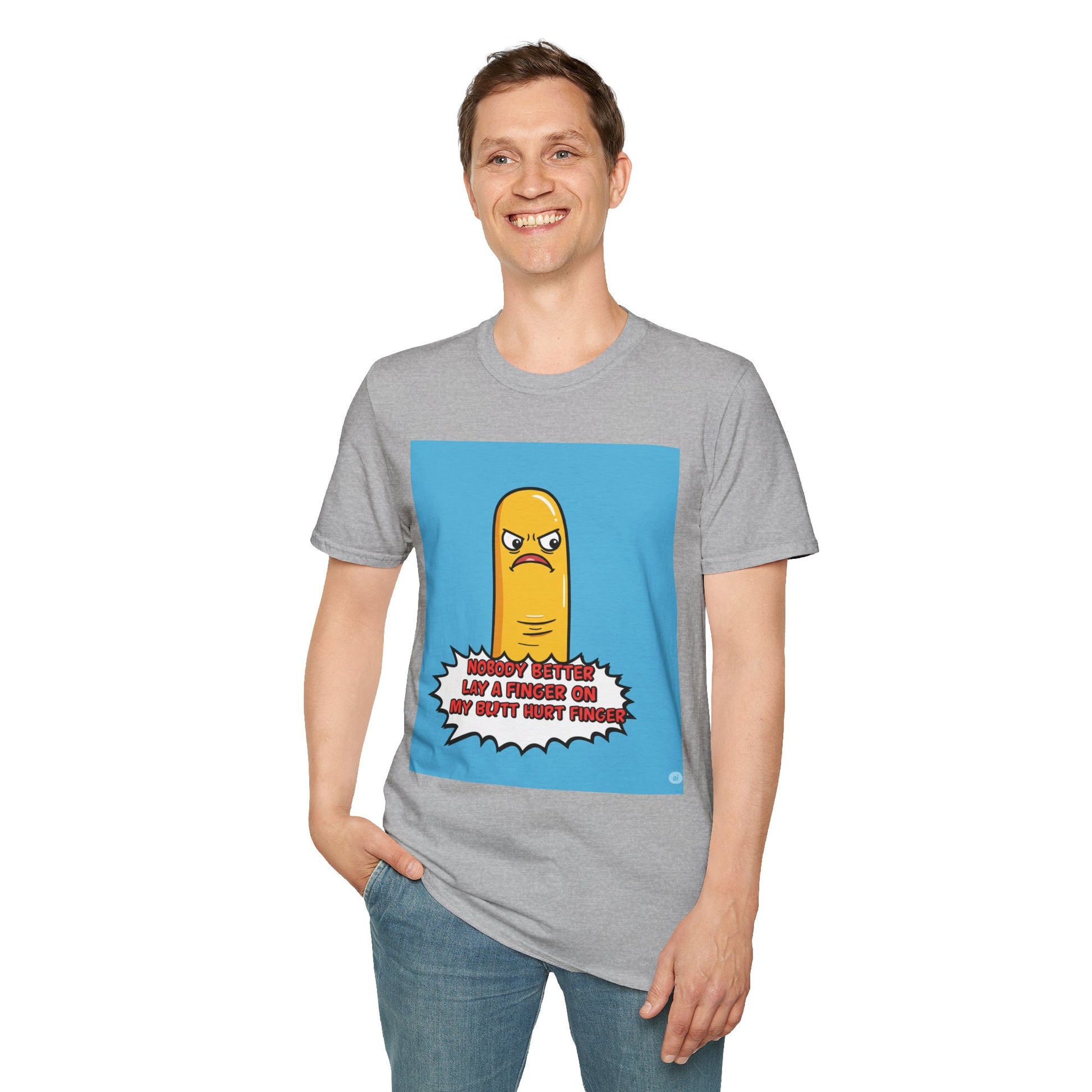 Person wearing a gray t-shirt with a graphic design and text 'Nobody better lay a finger on my butt hurt finger' on a white background