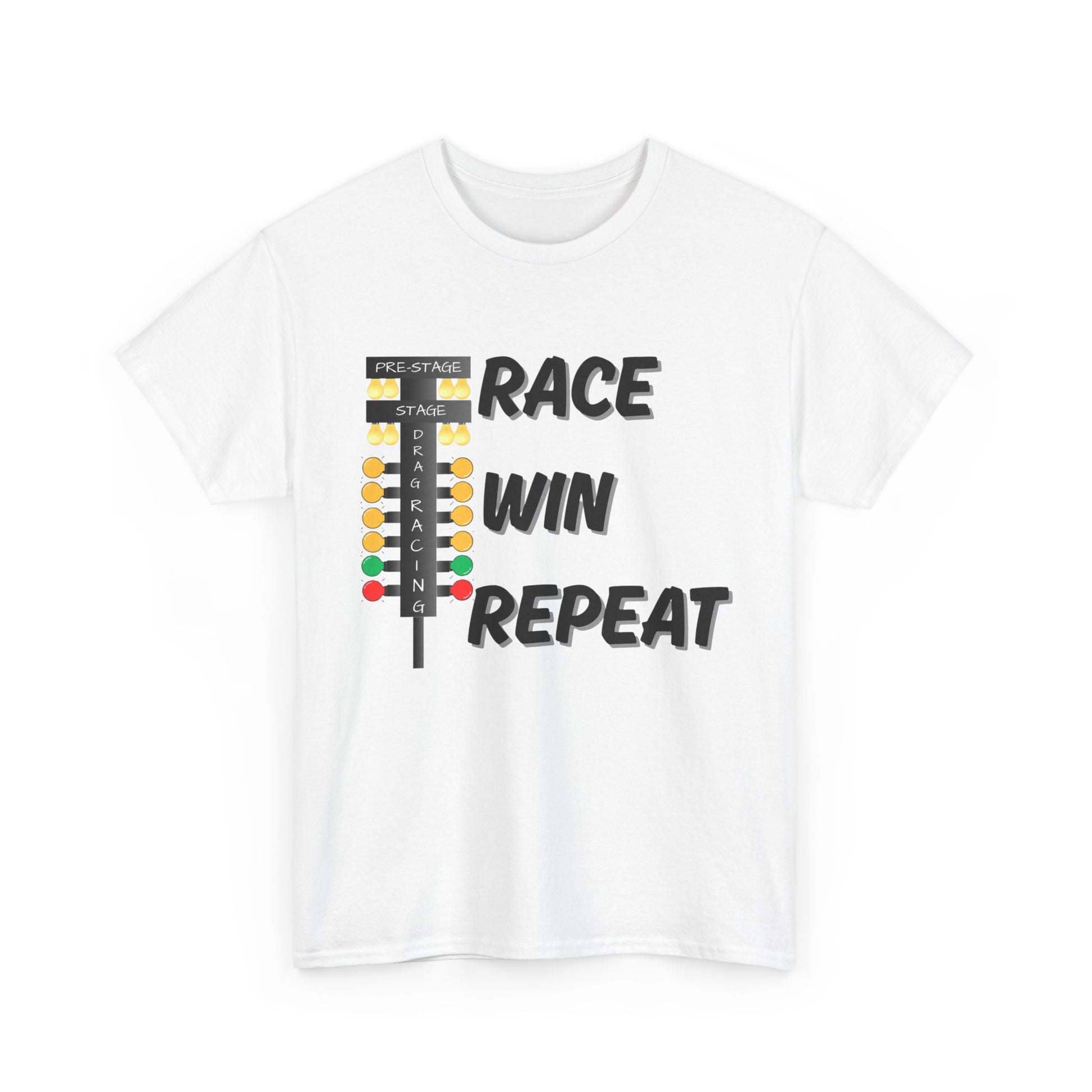White t-shirt with race-themed graphic and text 'Race Win Repeat' on a white background