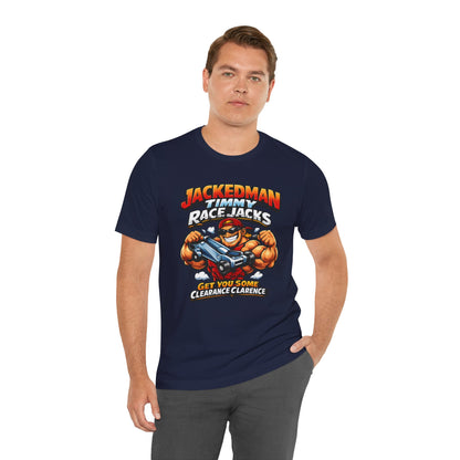 Man wearing a navy blue t-shirt with a graphic design and 'Jackedman Timmy Race Jacks Get You Some Clearance Clarence' text on a white background