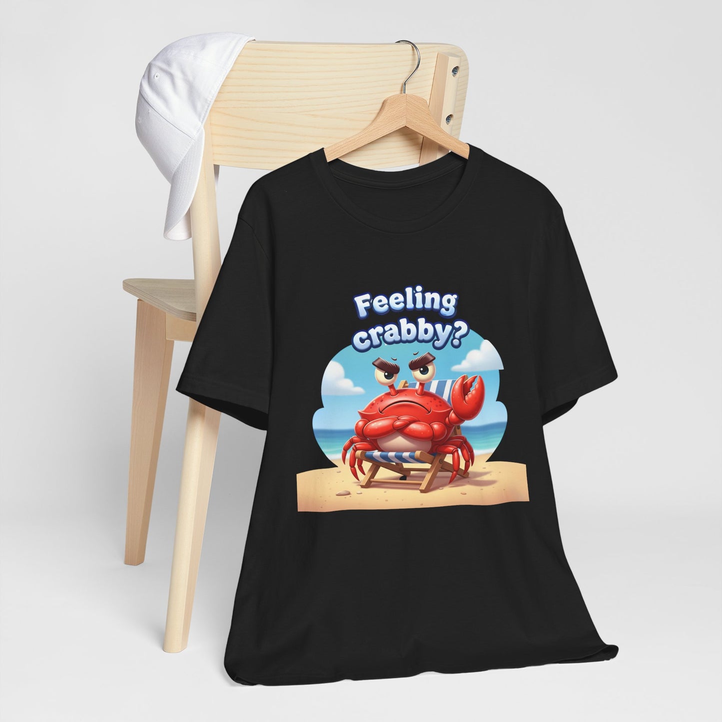 Funny ‘Feeling Crabby?’ cartoon crab beach chair black t-shirt 