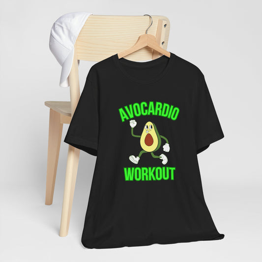 Black t-shirt with avocado graphic and text 'Avocardio Workout' on a white background