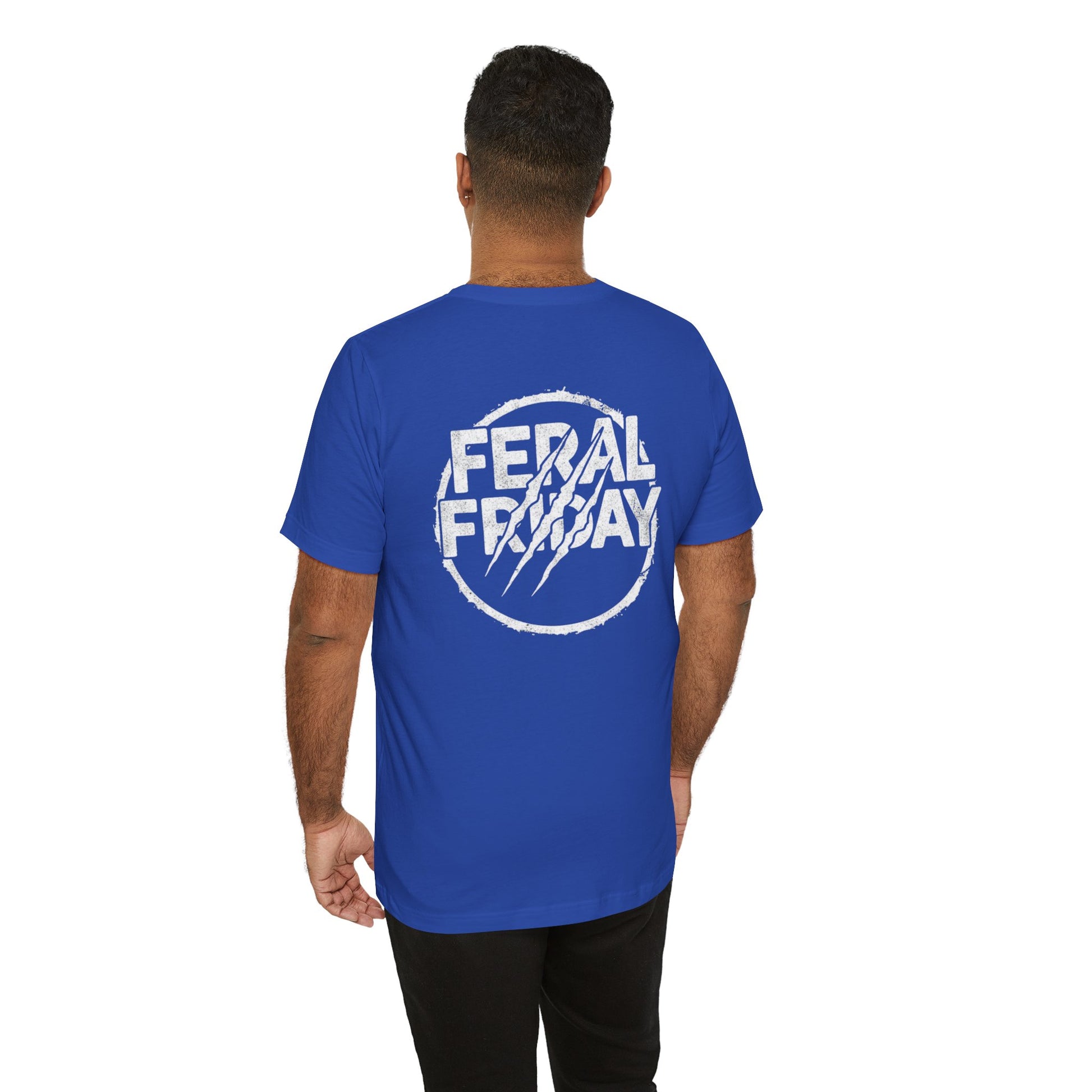 Person wearing a blue t-shirt with 'Feral Friday' text on the back against a white background