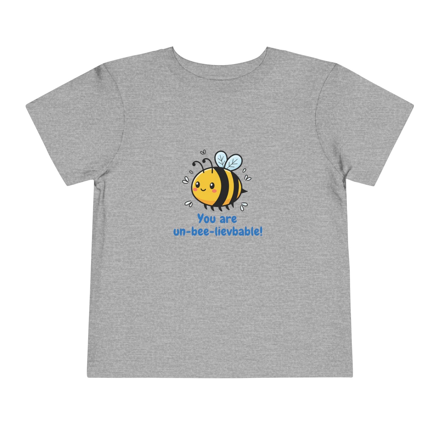 Athletic heather 'You Are Un-Bee-Lievable' toddler t-shirt with cute bee graphic – Bella+Canvas 3001T on a white background