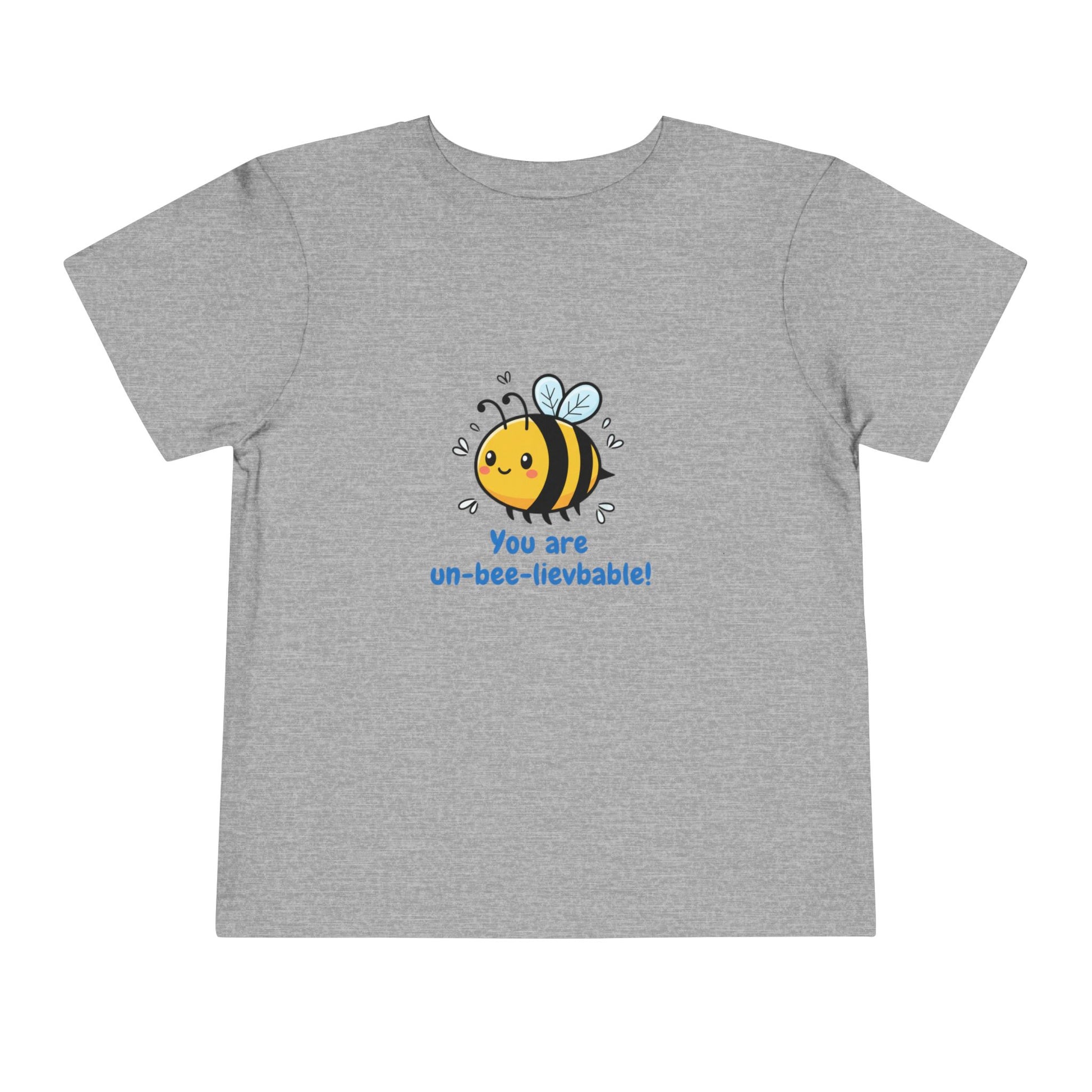 Athletic heather 'You Are Un-Bee-Lievable' toddler t-shirt with cute bee graphic – Bella+Canvas 3001T on a white background