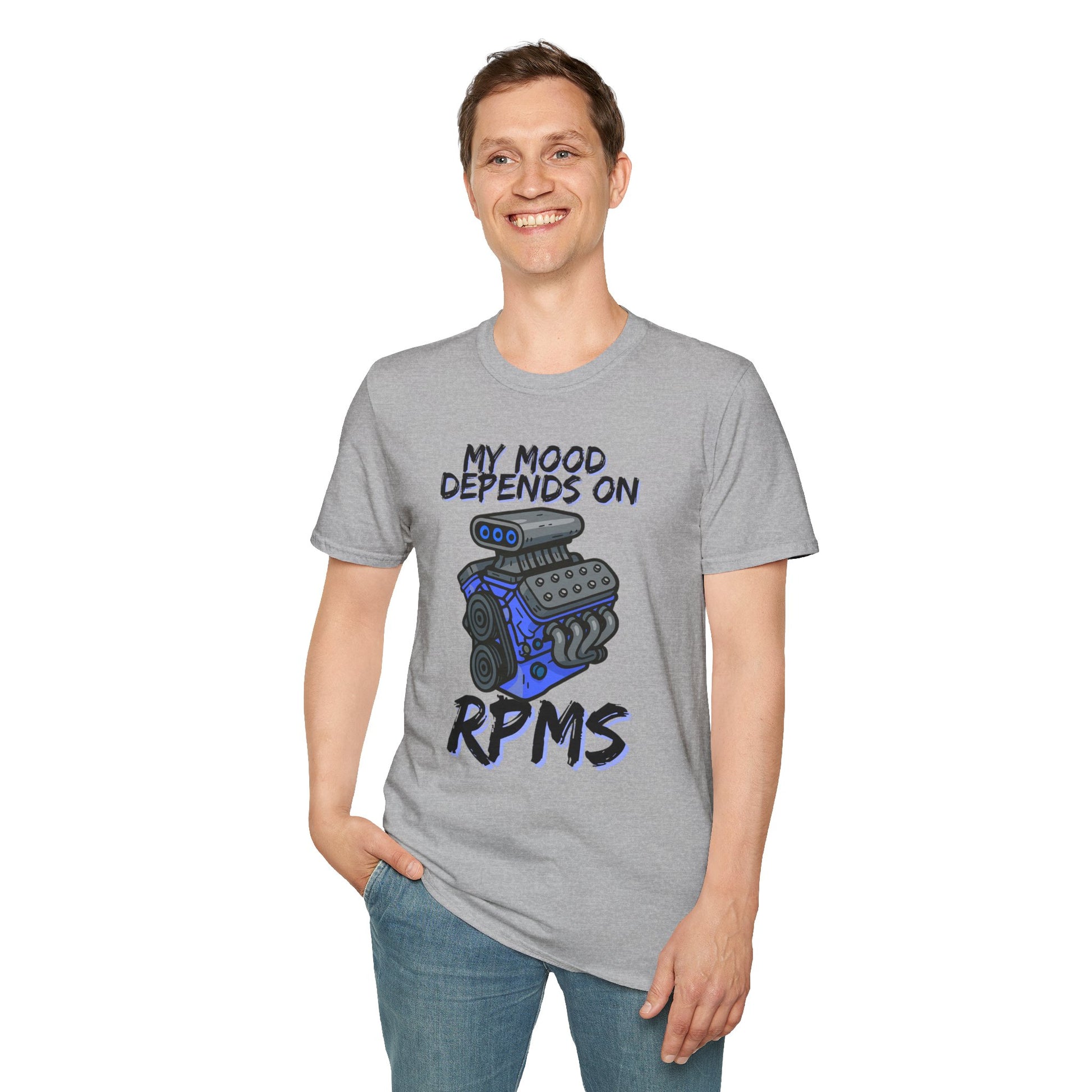 Person wearing a gray t-shirt with a graphic and text on a white background