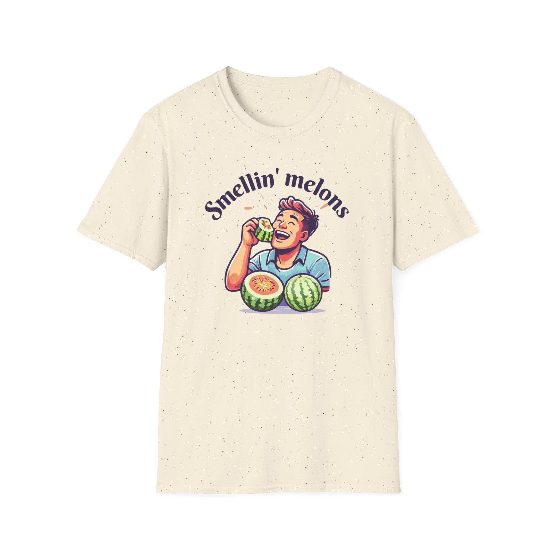 Beige t-shirt with a graphic of a person eating watermelon and text 'Smellin' melons' on a white background