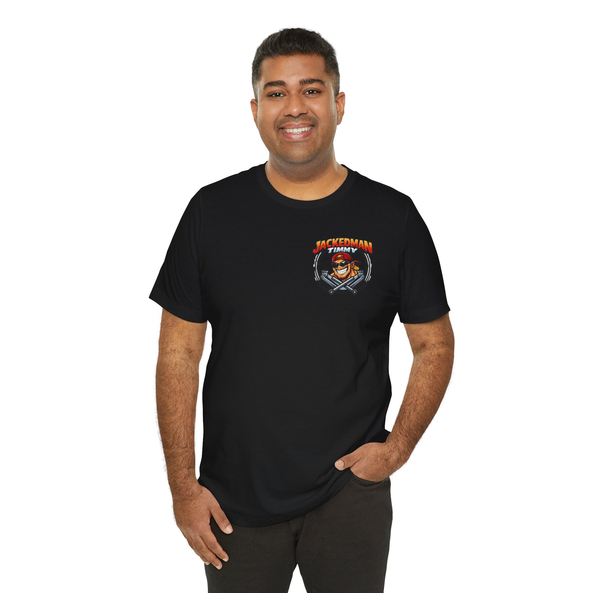 Man wearing a black t-shirt with a Jackedman Timmy Race Jacks logo on a white background