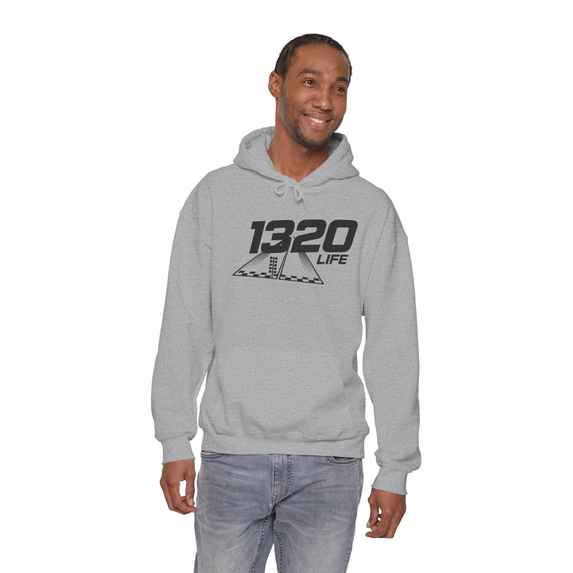 Man wearing a gray hoodie with '1320 LIFE' logo on a white background