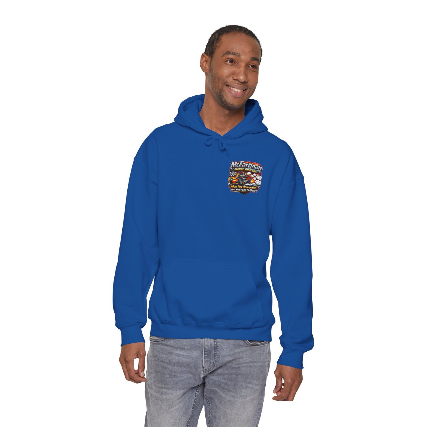 Man wearing a blue Gildan 18500 hoodie with a 'McFartman Engine Diapers' logo on a white background