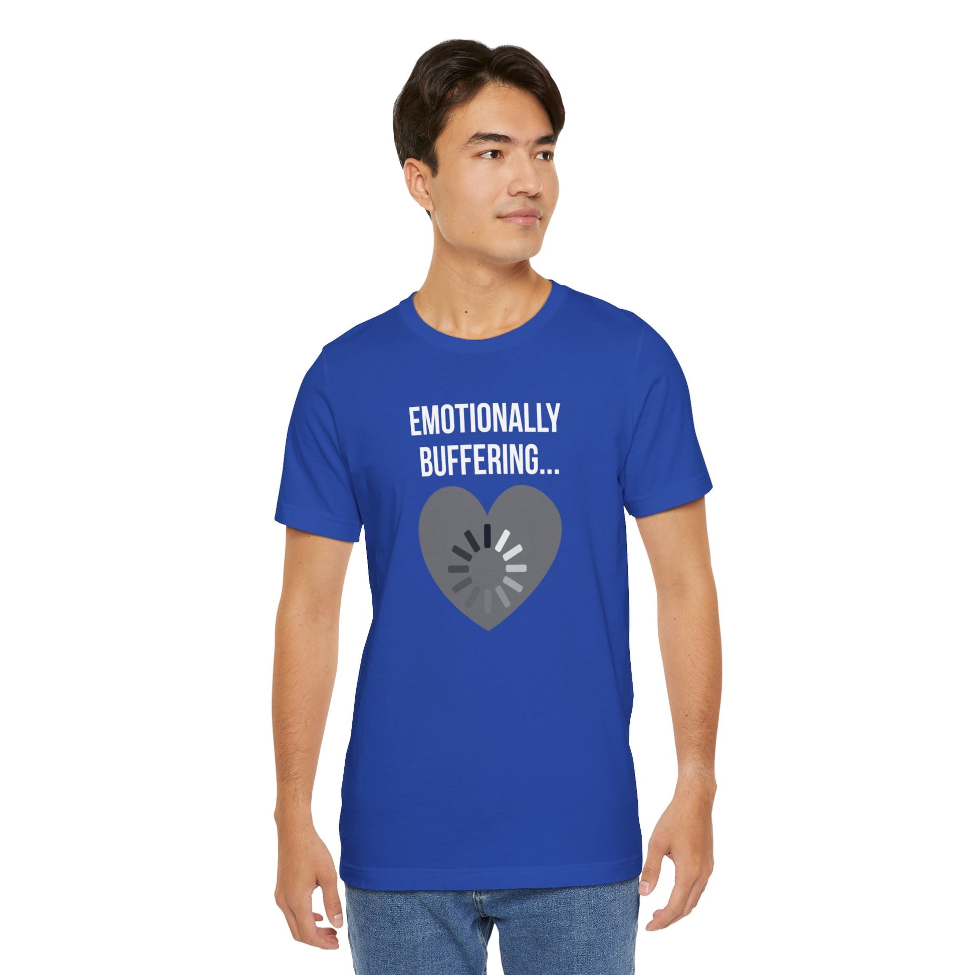 Man wearing a blue t-shirt with 'Emotionally Buffering...' design on a white background