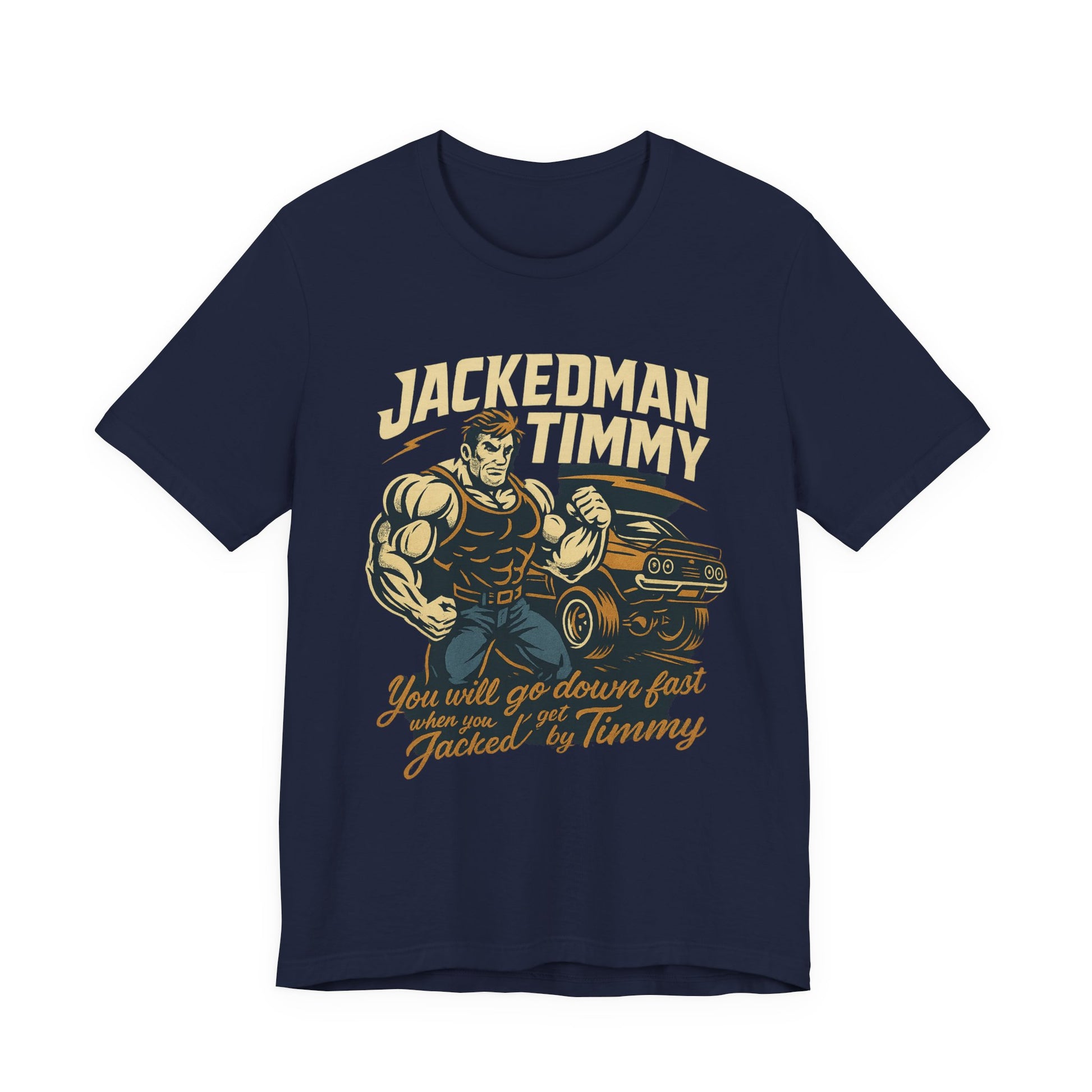 Navy blue t-shirt with 'Jacked Man Timmy' graphic design on a white background