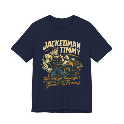 Navy blue t-shirt with 'Jacked Man Timmy' graphic design on a white background