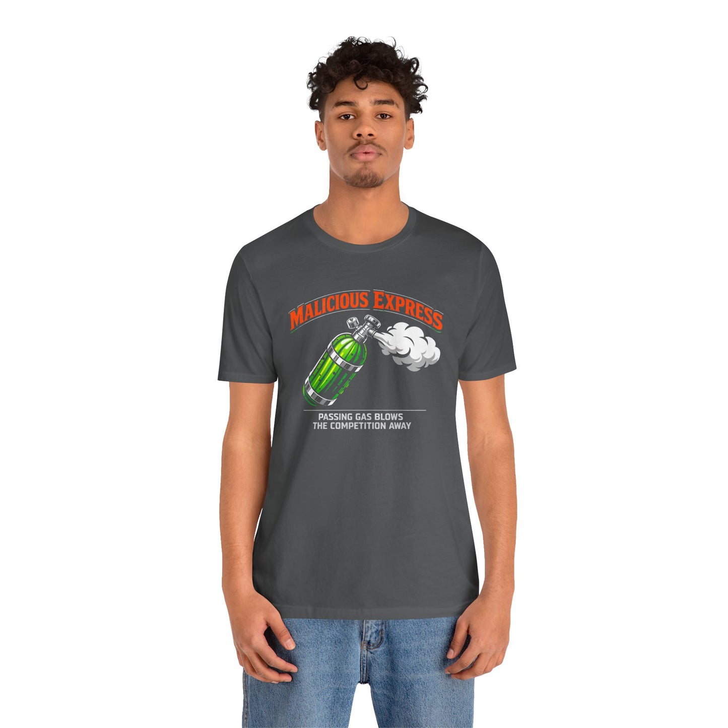 Person wearing a dark gray t-shirt with a graphic design and 'Malicious Express Passing Gas Blows The Competition Away' text on a white background