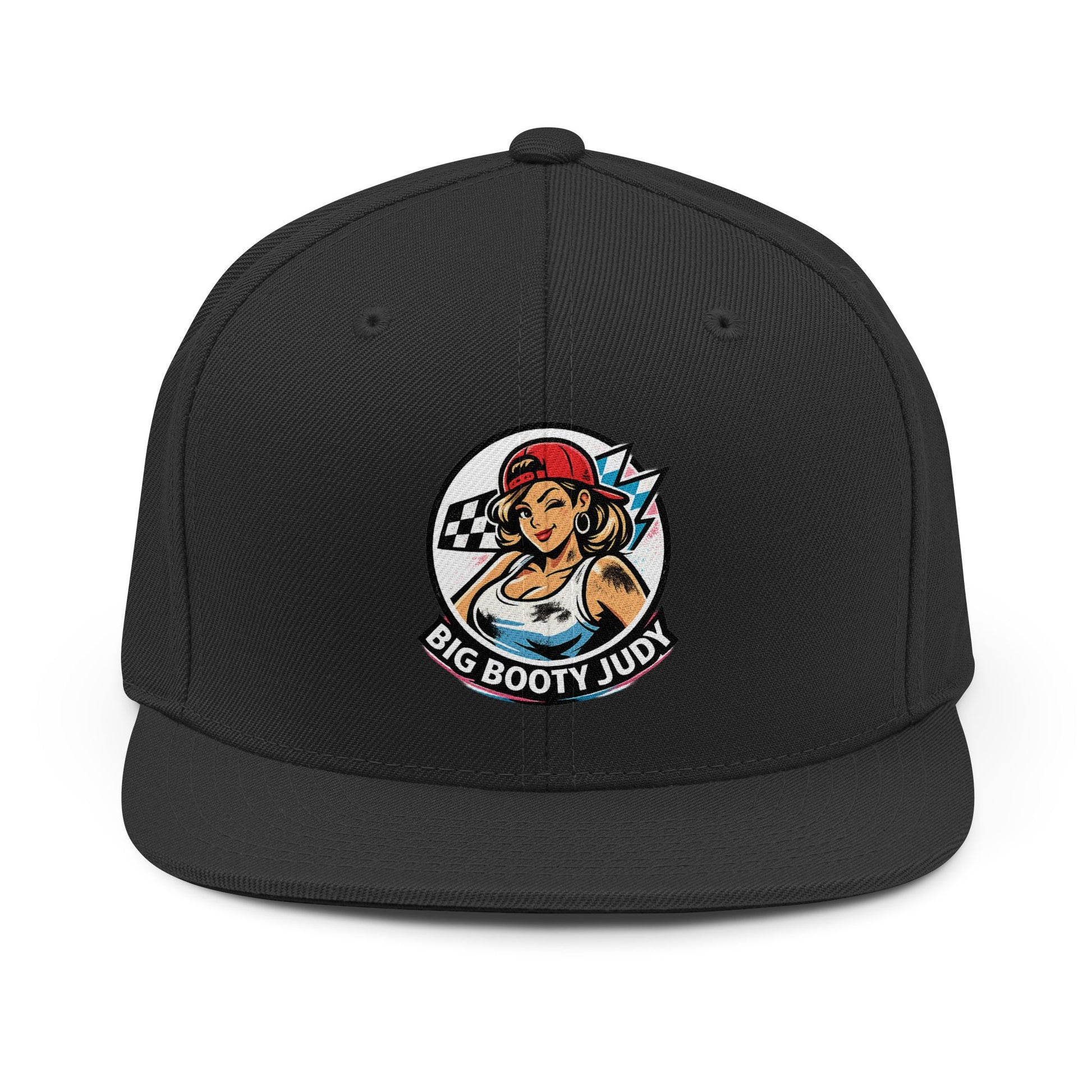 Black cap with 'Big Booty Judy' logo on a white background