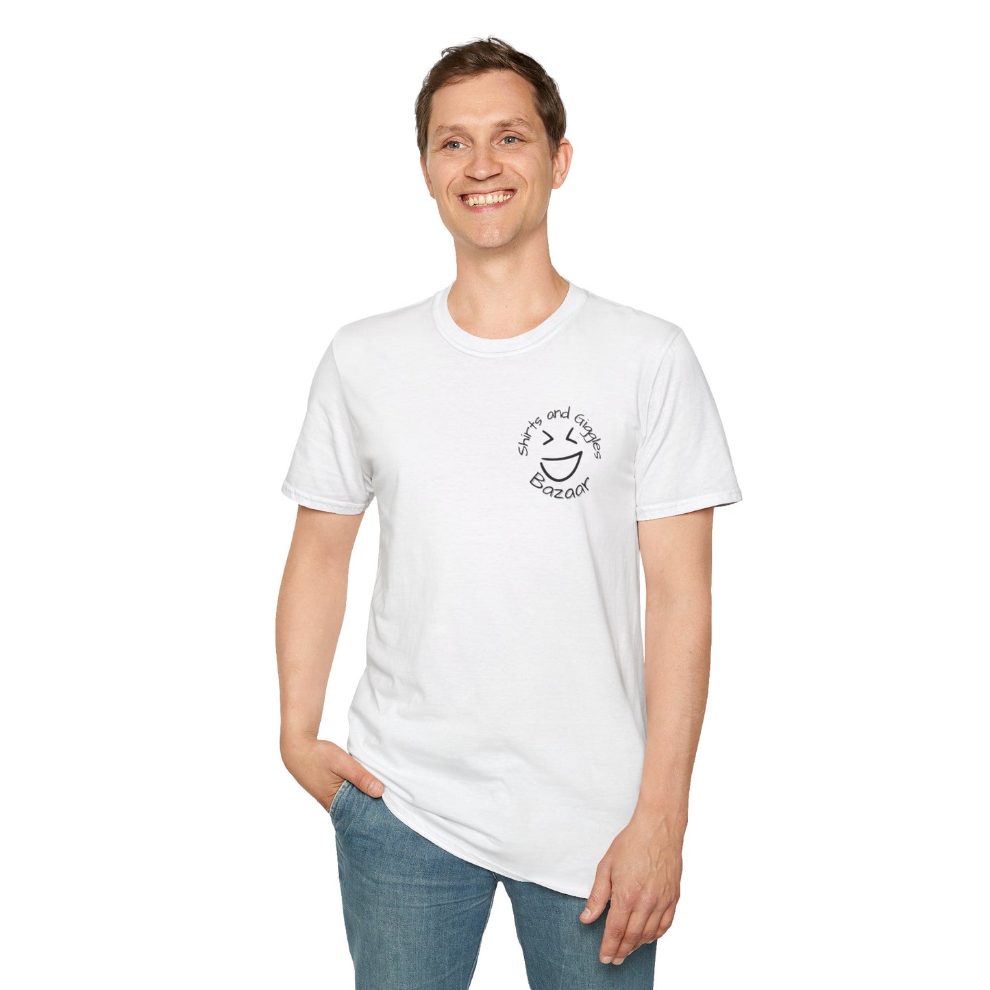 Person wearing a white t-shirt with a 'Shirts and Giggles Bazaar' logo