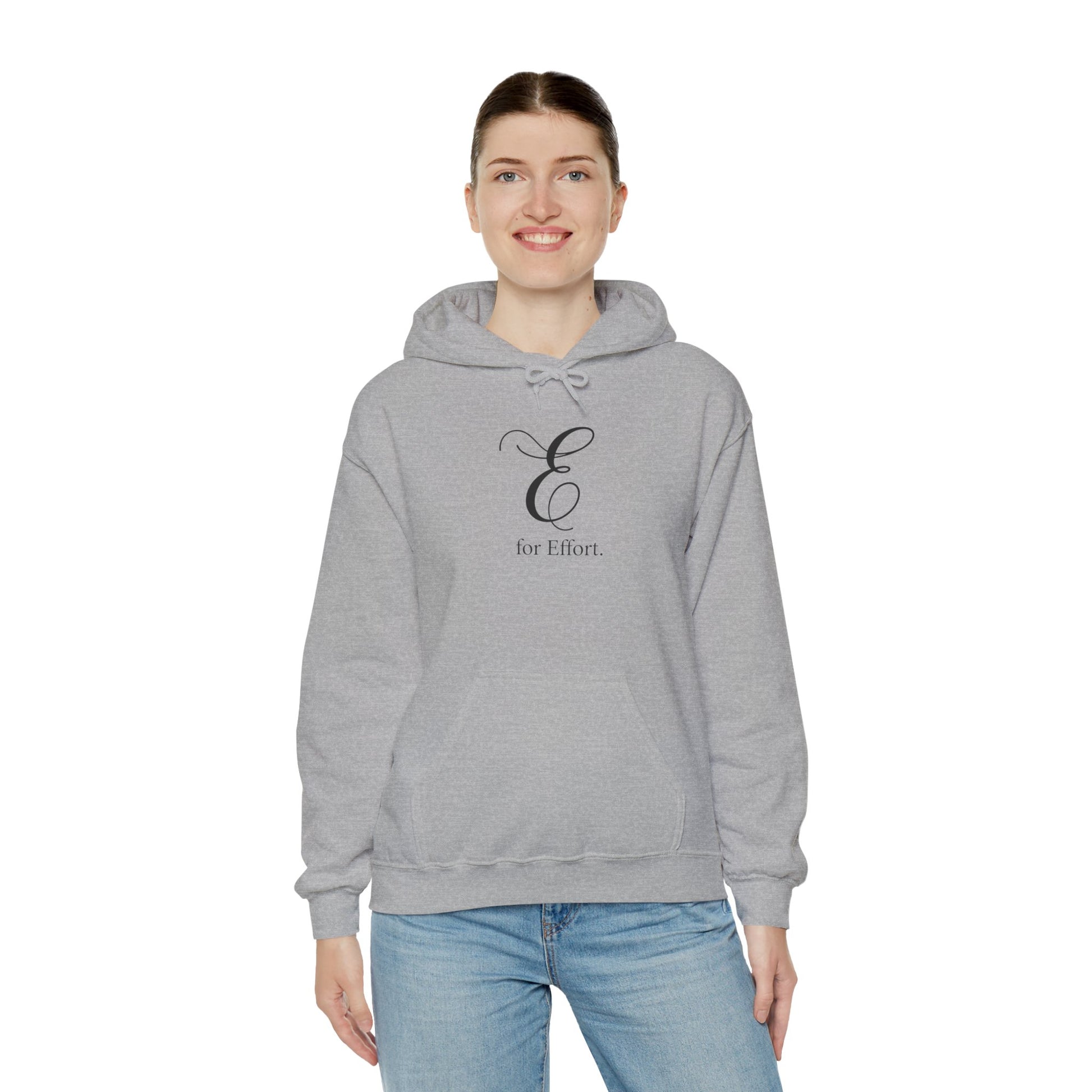 Person wearing a gray hoodie with a logo and text 'E for Effort' on a white background